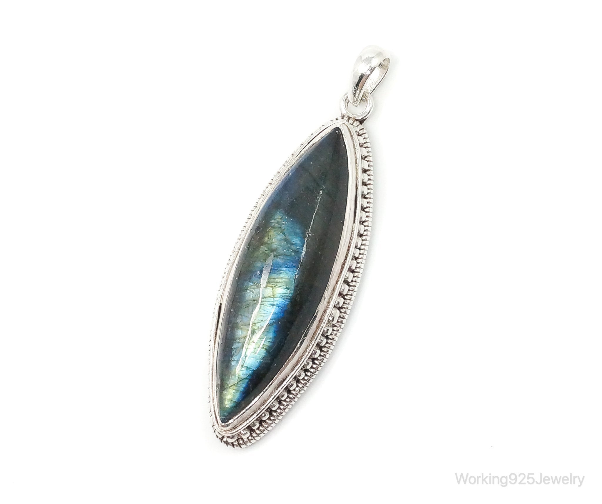 Vintage Long Large Labradorite Sterling Silver Necklace Pendant