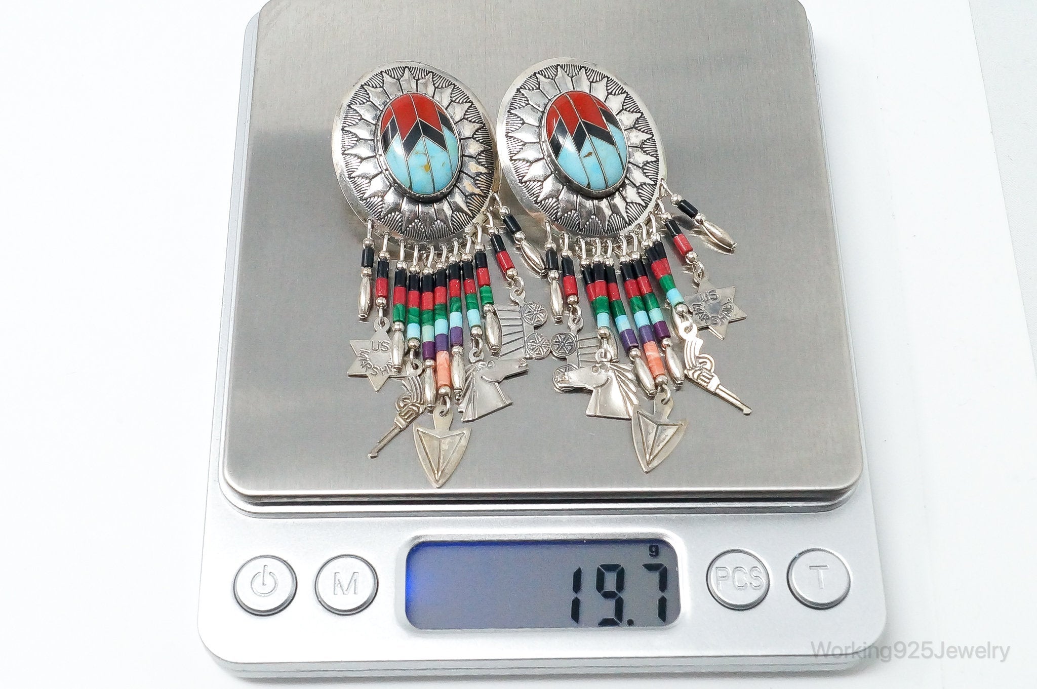 Vintage Native American Running Bear Shop Multi Gem Sterling Silver Earrings