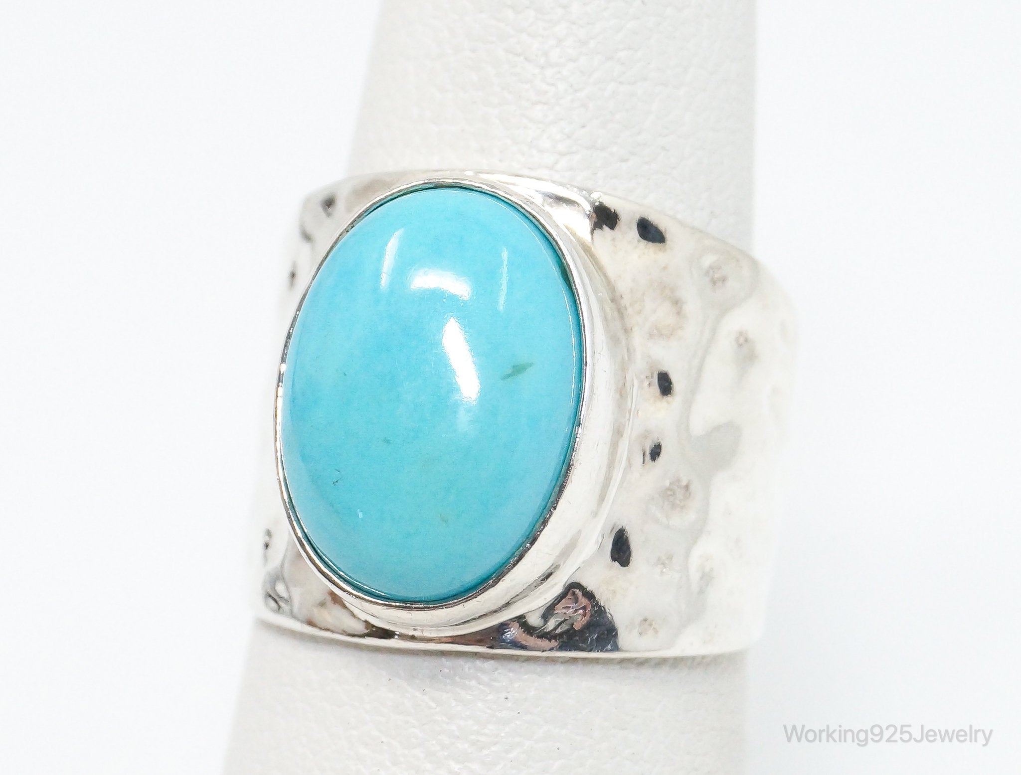 Vintage Turquoise Hammered Southwestern Sterling Silver Ring - Size 6.5