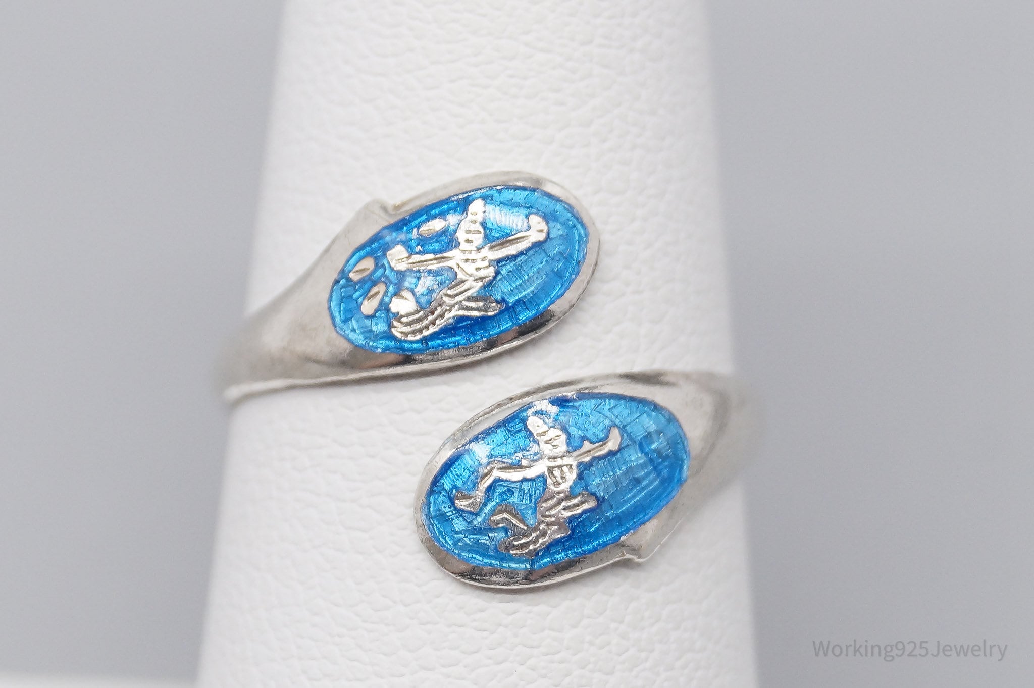 Vintage Blue Enamel Dancers Sterling Silver Wrap Ring - Size 7.25 Adjustable