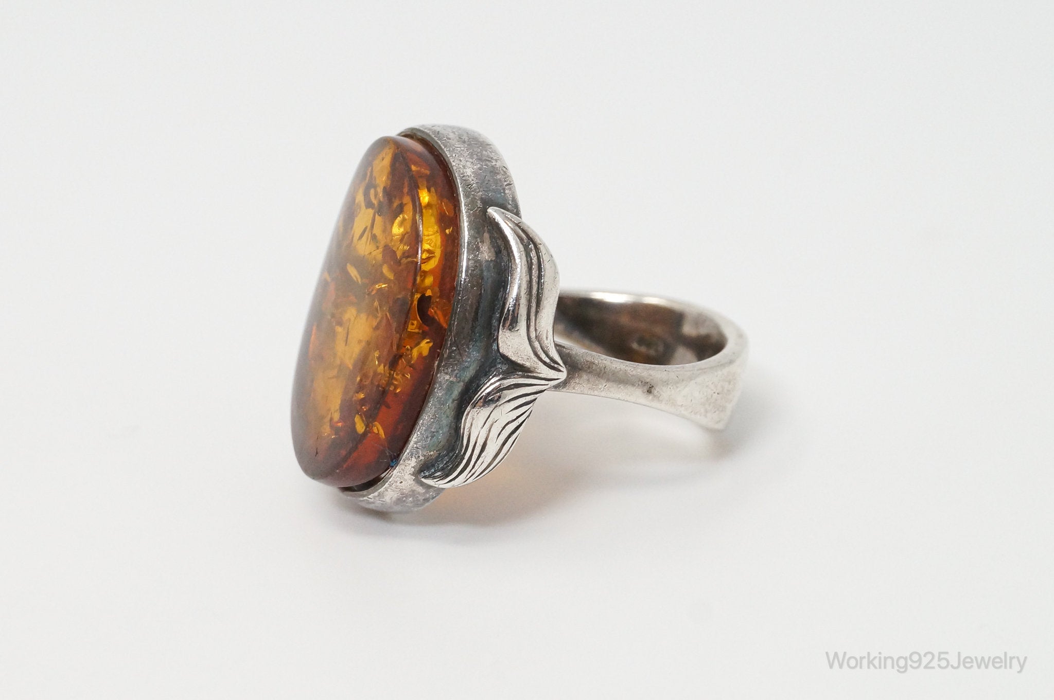 Vintage Large Honey Baltic Amber Sterling Silver Ring Size 7.5