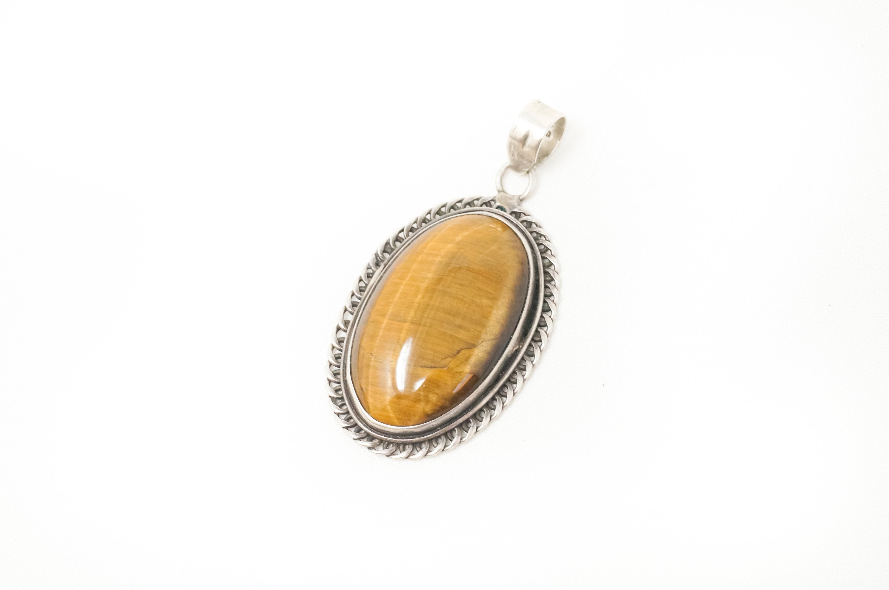 Vintage Large Southwestern Tigers Eye Sterling Silver Necklace Pendant