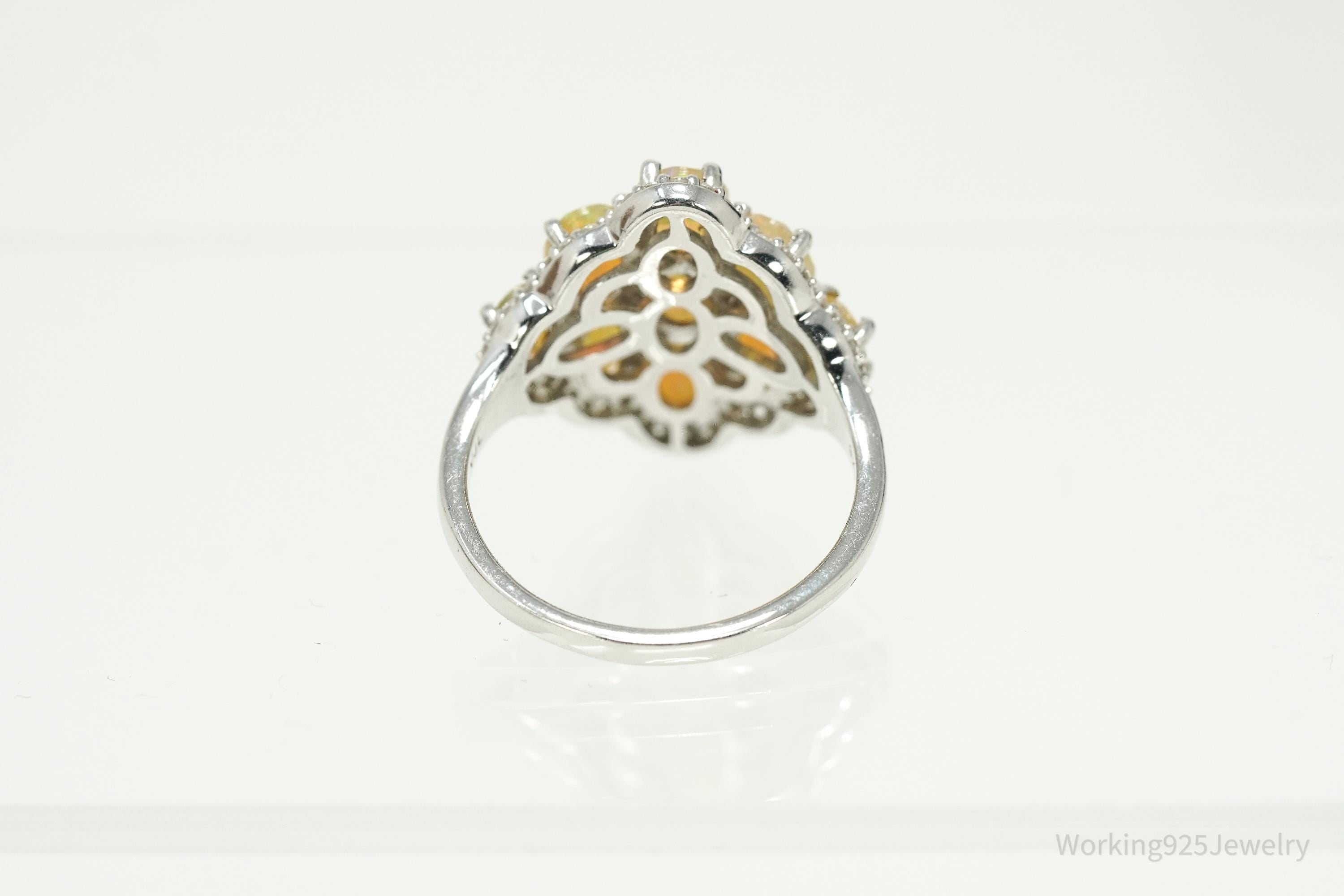 Opal & White Zircon Rhodium Sterling Silver Cocktail Ring Size 11.75