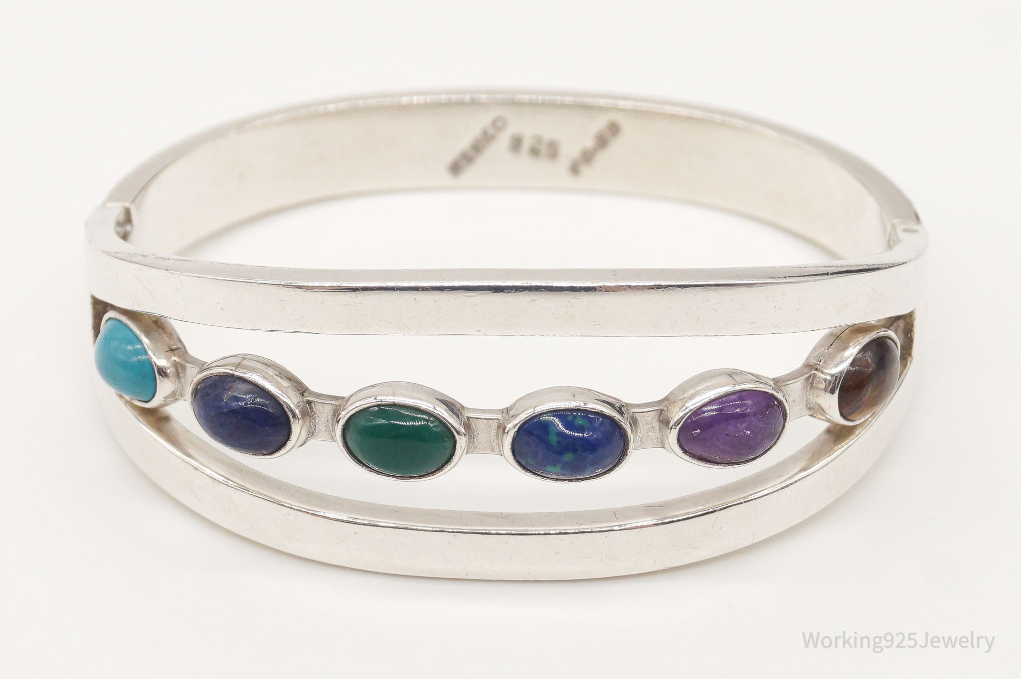 Vintage Mexico Multi Gemstone Sterling Silver Bracelet - Pressure Release Clasp