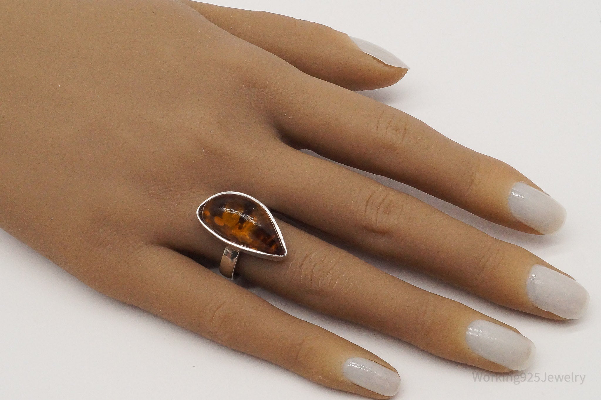 Vintage Large Baltic Amber Sterling Silver Ring Size 7.5