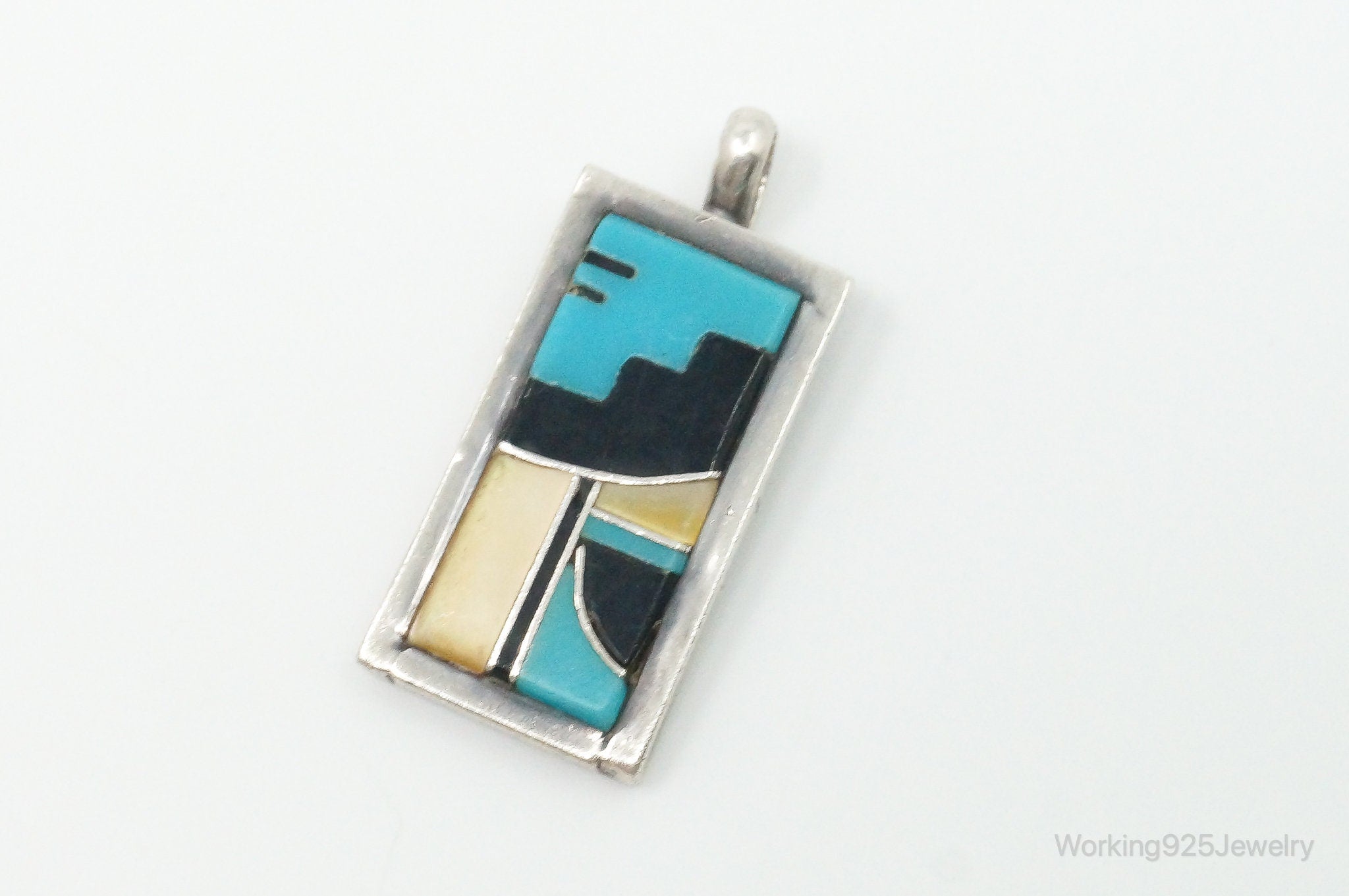 Vintage Native American Multi Gem Inlay Sterling Silver Pendant