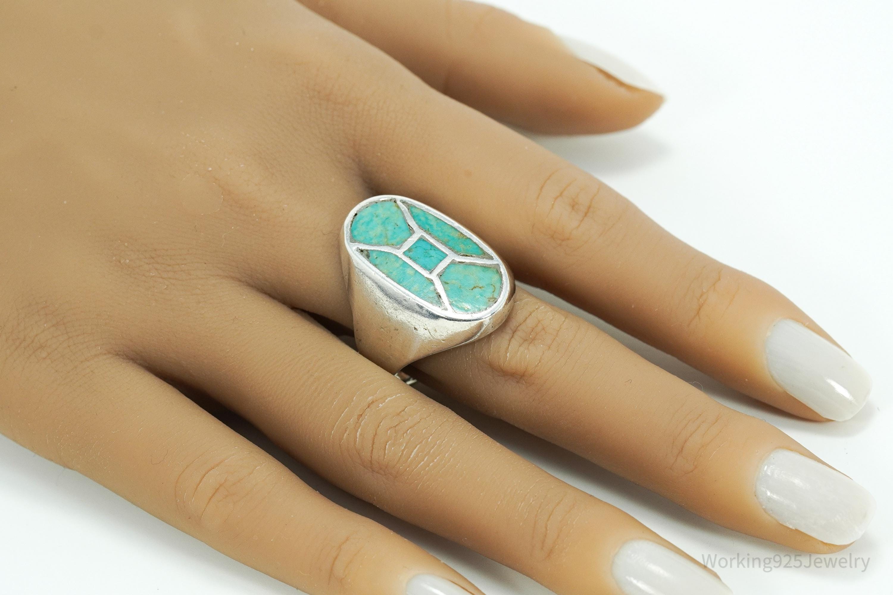 Vintage Native American Turquoise Inlay Heavy Silver Ring - Size 12.25