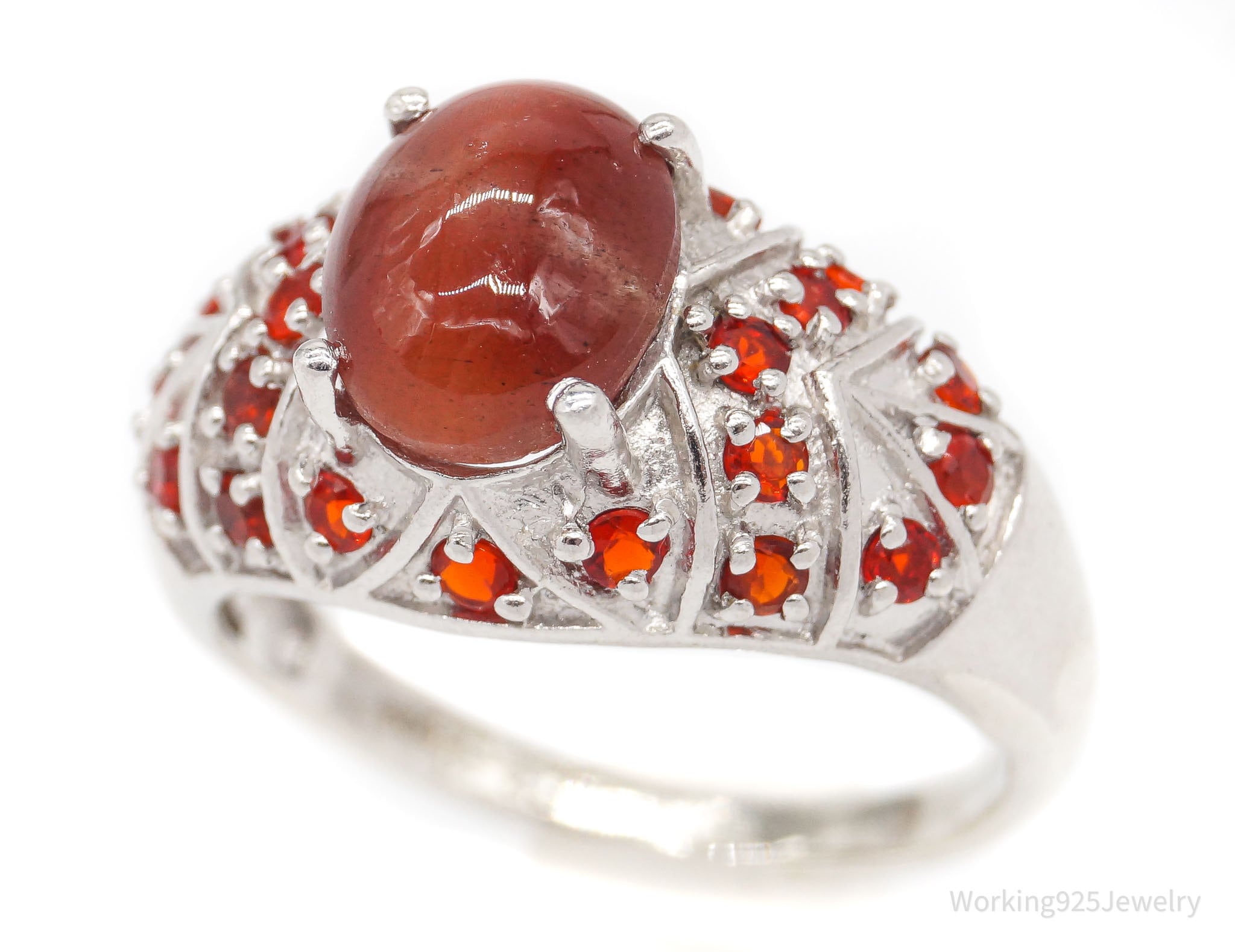 Vintage Red Cats Eye & Fire Opal Sterling Silver Ring - Size 9.75