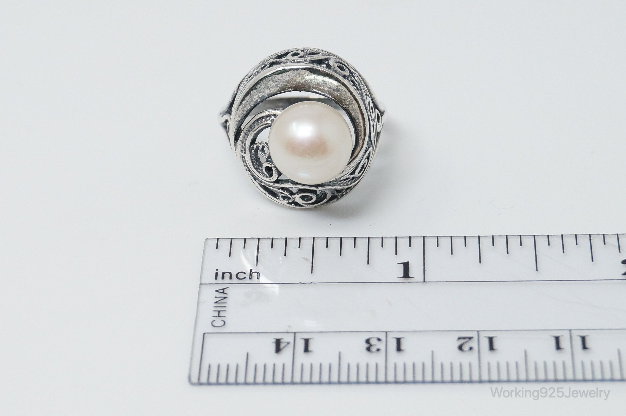 Vintage Pearl Scroll Sterling Silver Ring - Size 8