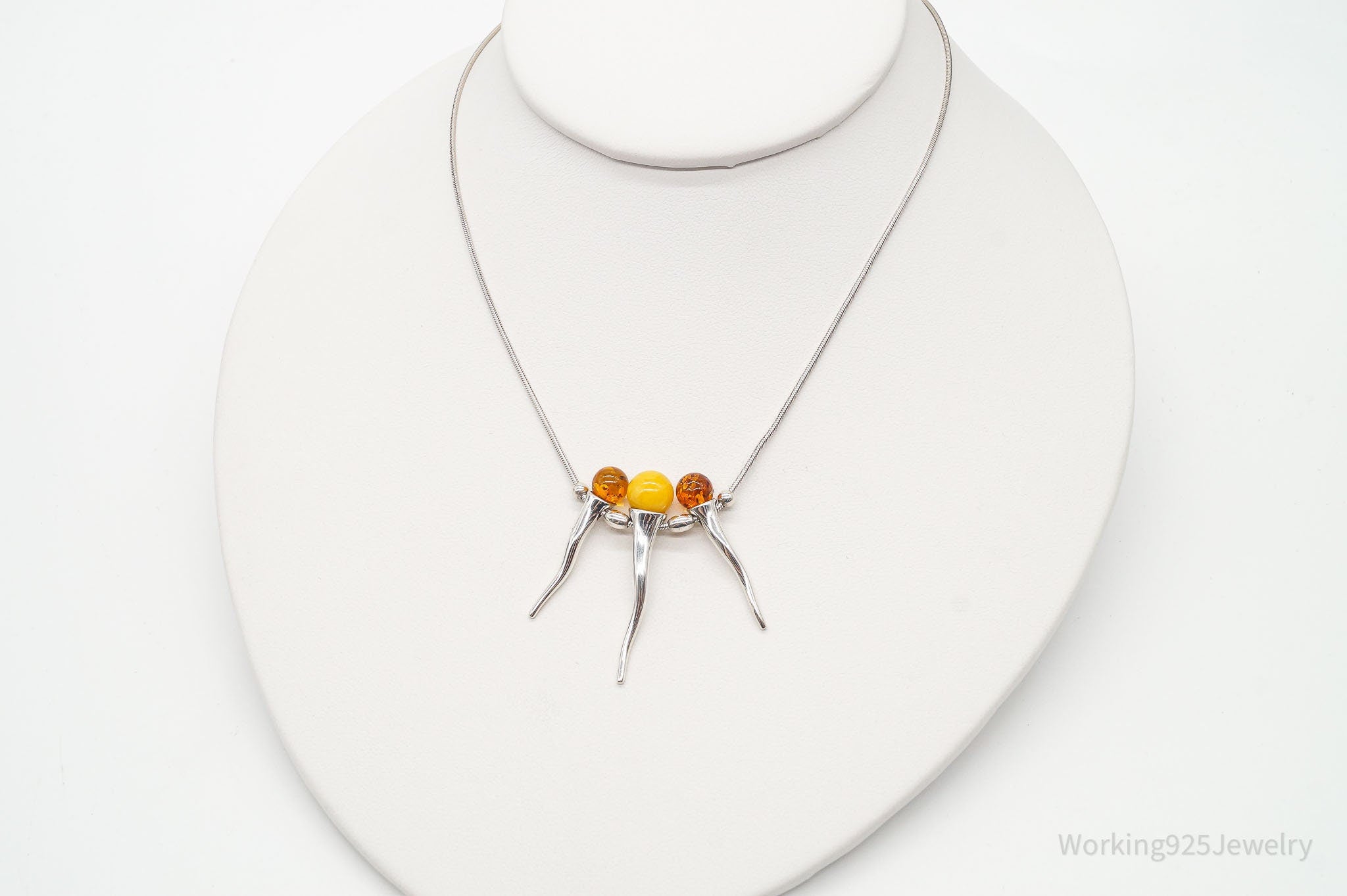 Vintage Gdansk Poland Multi Type Amber Modernist Sterling Silver Necklace