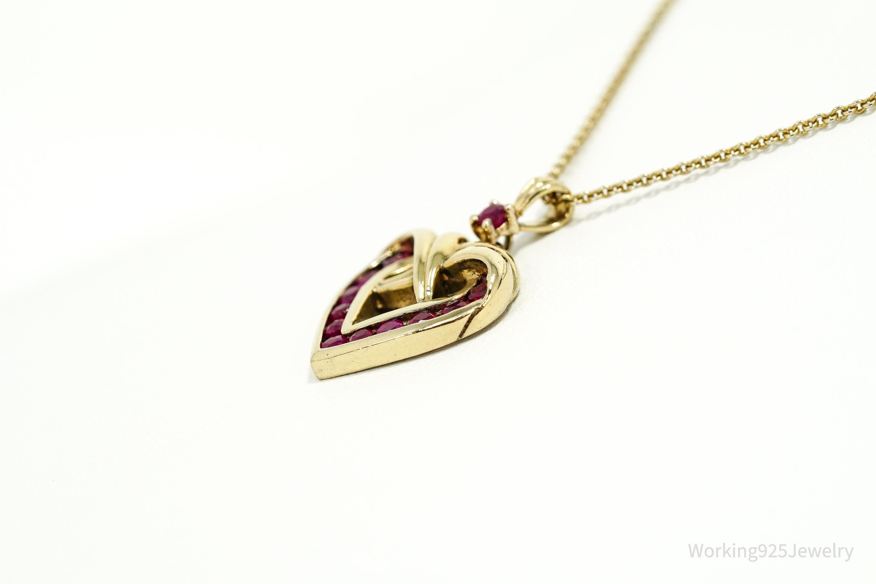 Vintage Ruby Gold Over Sterling Silver Heart Necklace 18"