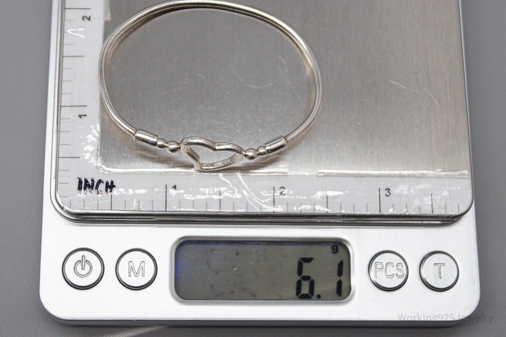 Vintage Open Heart Sterling Silver Bangle Bracelet - 5.5"