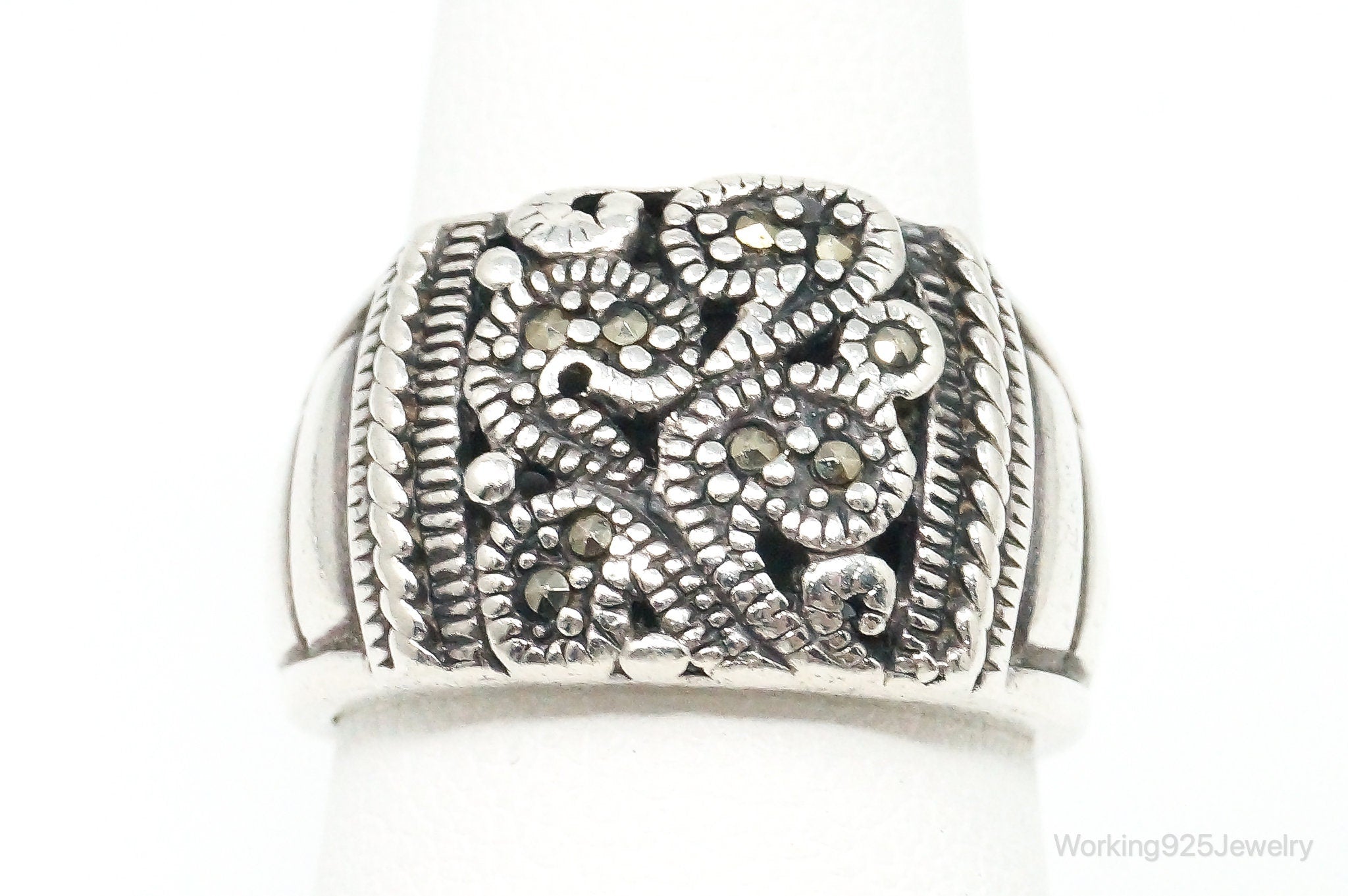 Vintage Marcasite Sterling Silver Scroll Paisley Ring Size 6.75