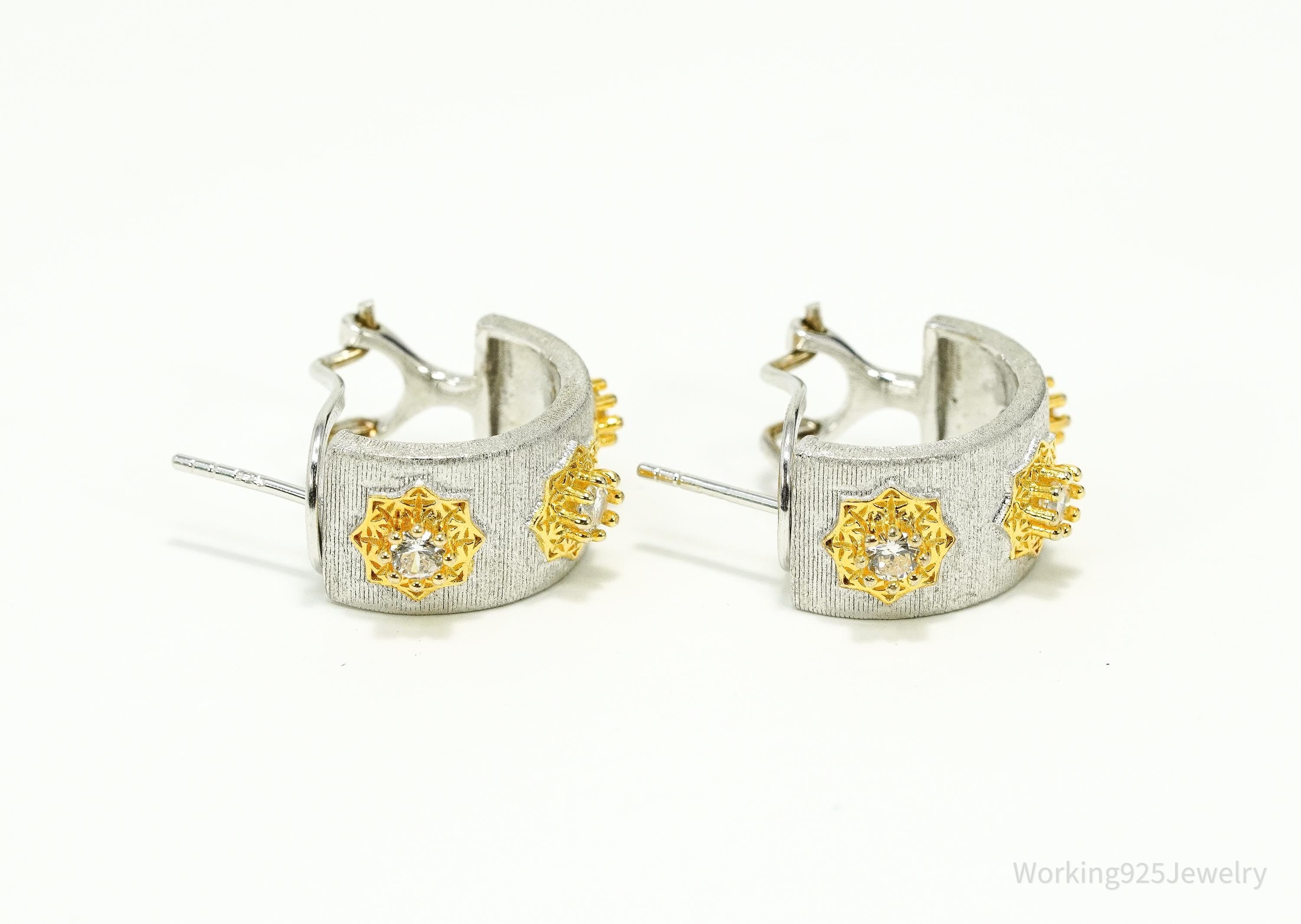Vintage Cubic Zirconia Gold Vermeil Sterling Silver Hoop Earrings