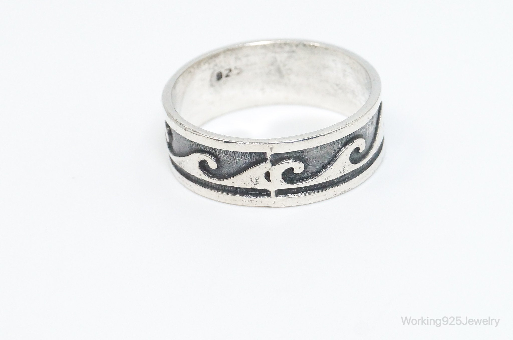 Vintage Wave Scroll Oxidized Design Sterling Silver Band Ring - Size 10