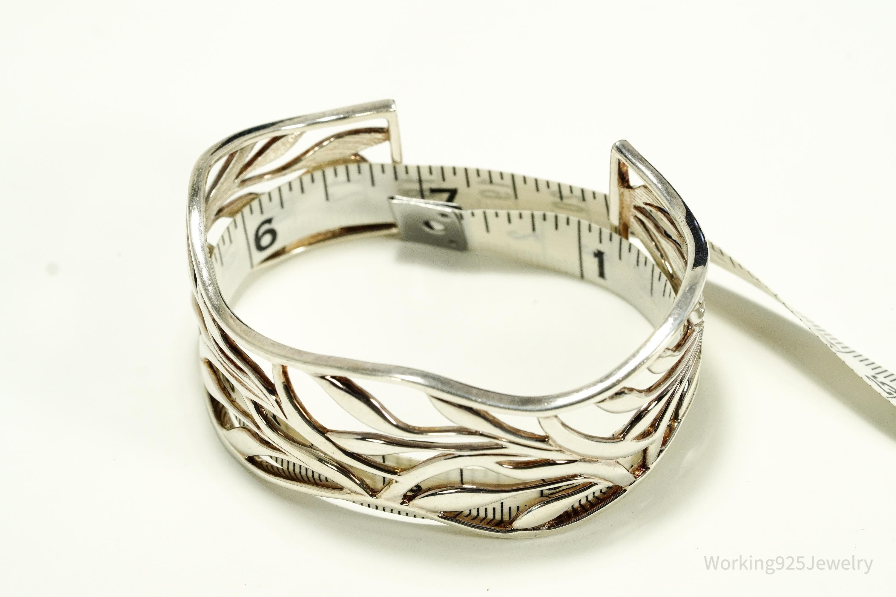 Vintage Leaf Pattern Sterling Silver Cuff Bracelet 6 7/8"