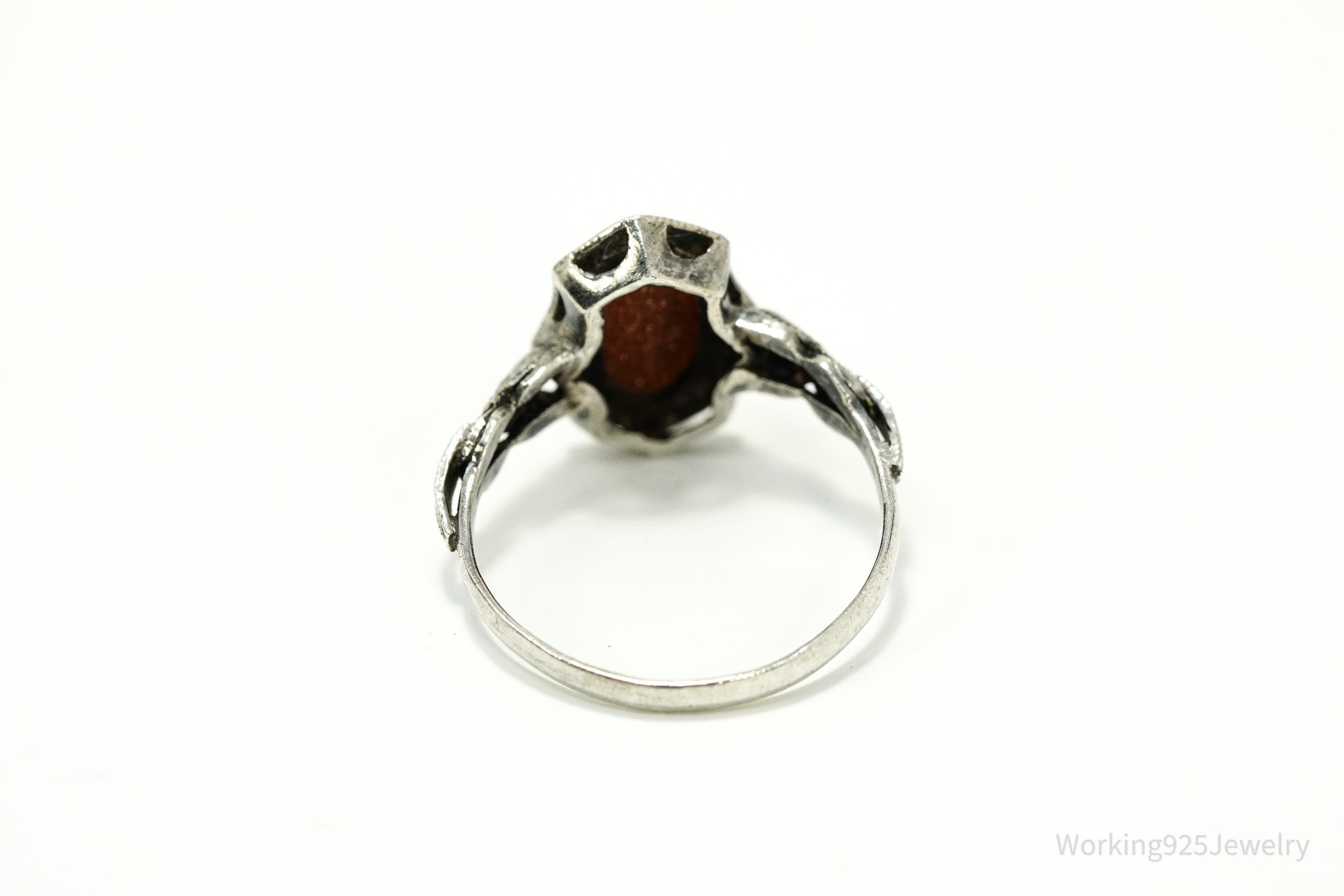 Antique Goldstone Ornate Silver Ring Size 8