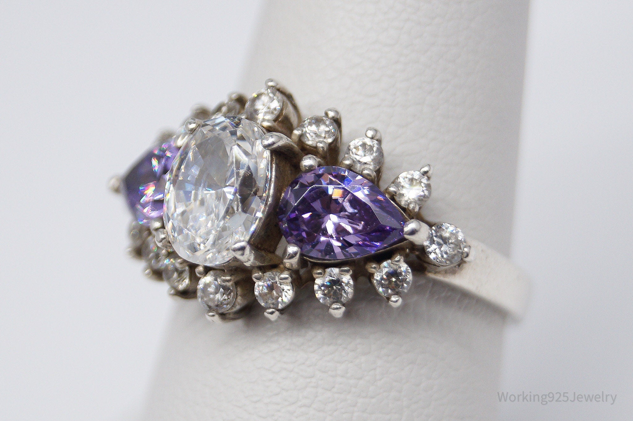 Vintage Purple & White Diamonique Cubic Zirconia Sterling Silver Ring - Size 8