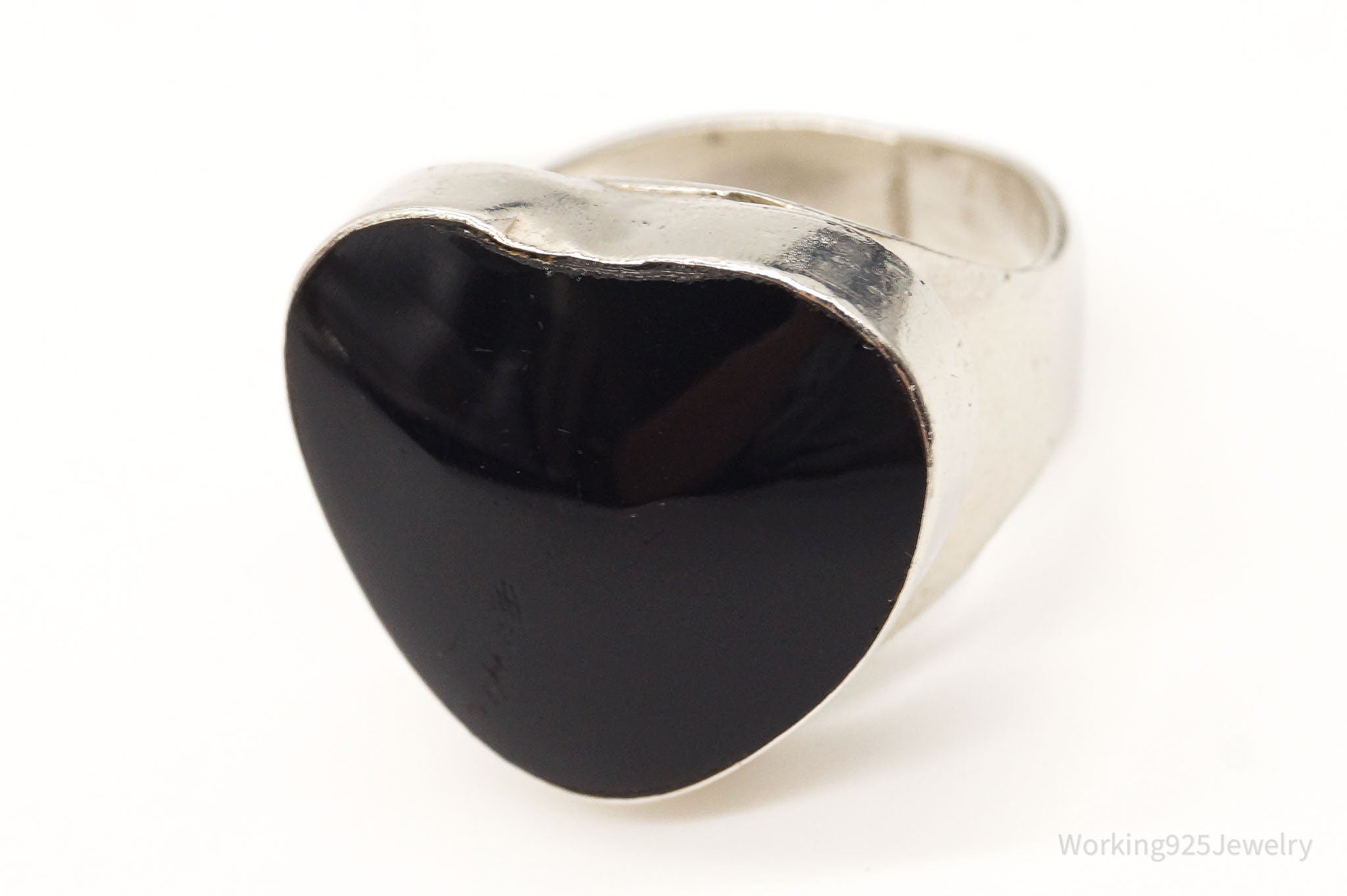 Vintage Mexico Large Black Onyx Heart Sterling Silver Ring - Size 7.5