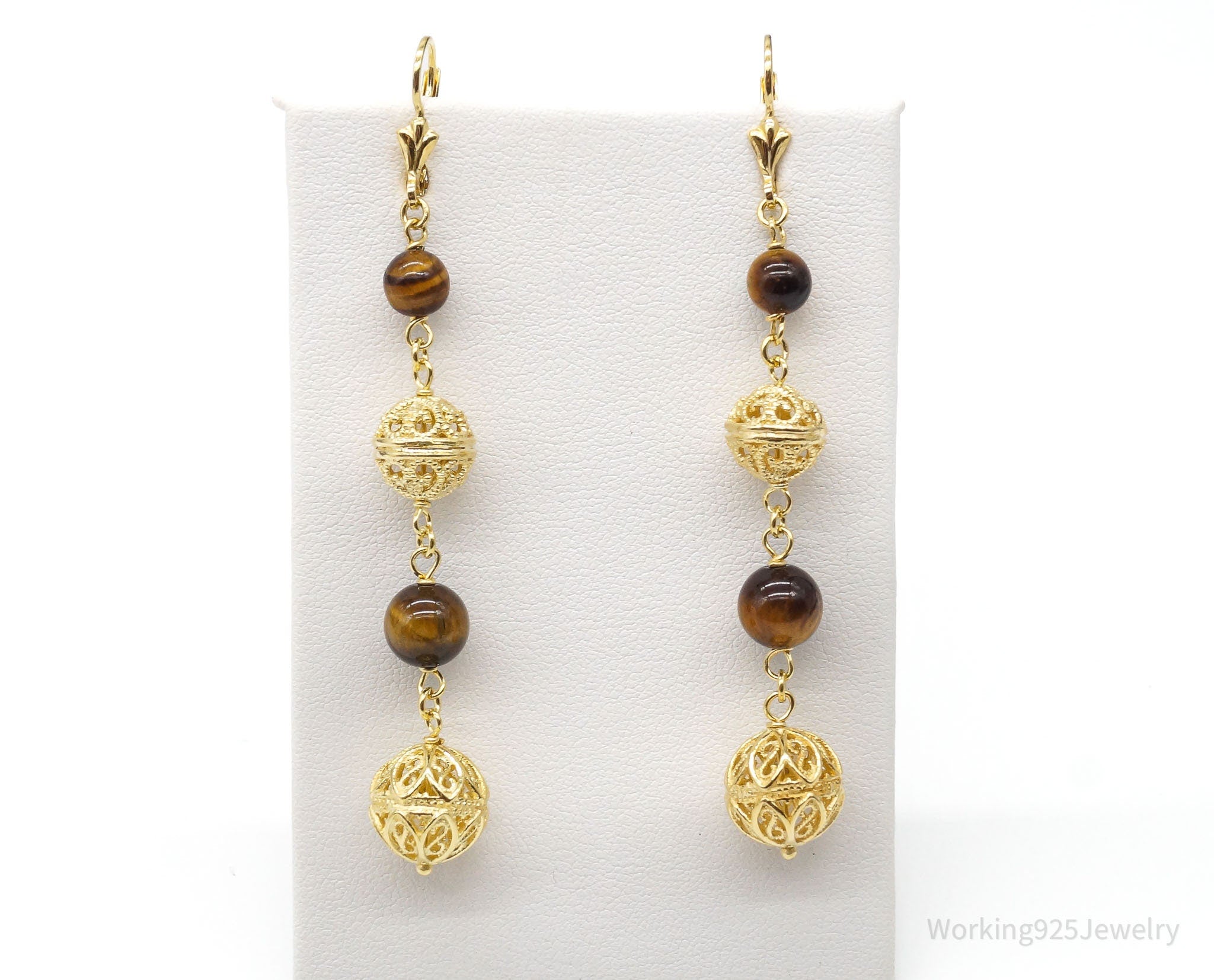 Vintage Tigers Eye Gold Vermeil Sterling Silver Earrings