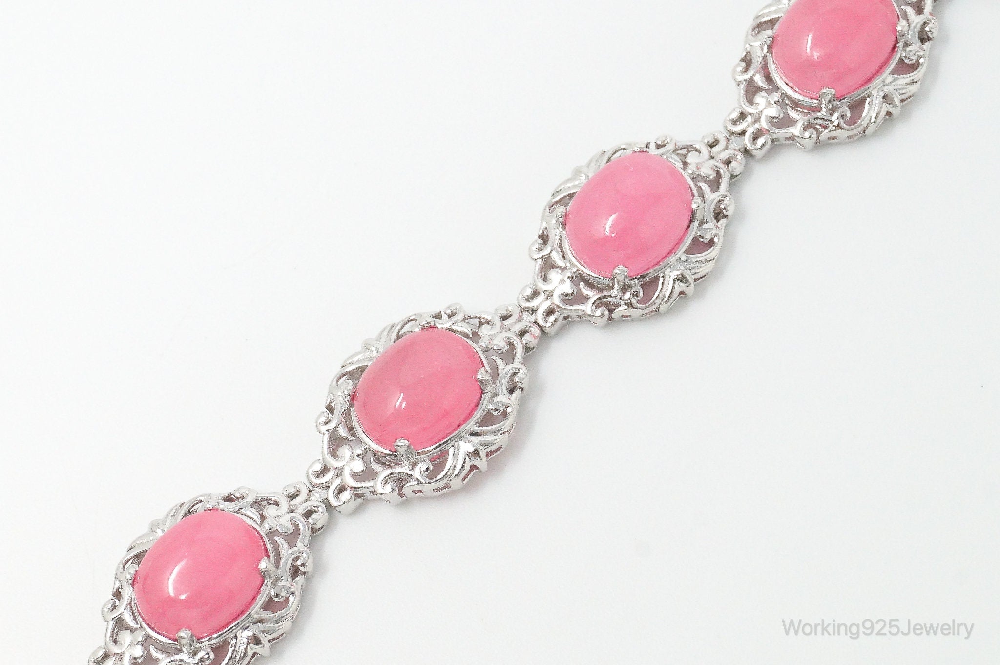 X492 Vintage Pink Jade Sterling Silver Bracelet