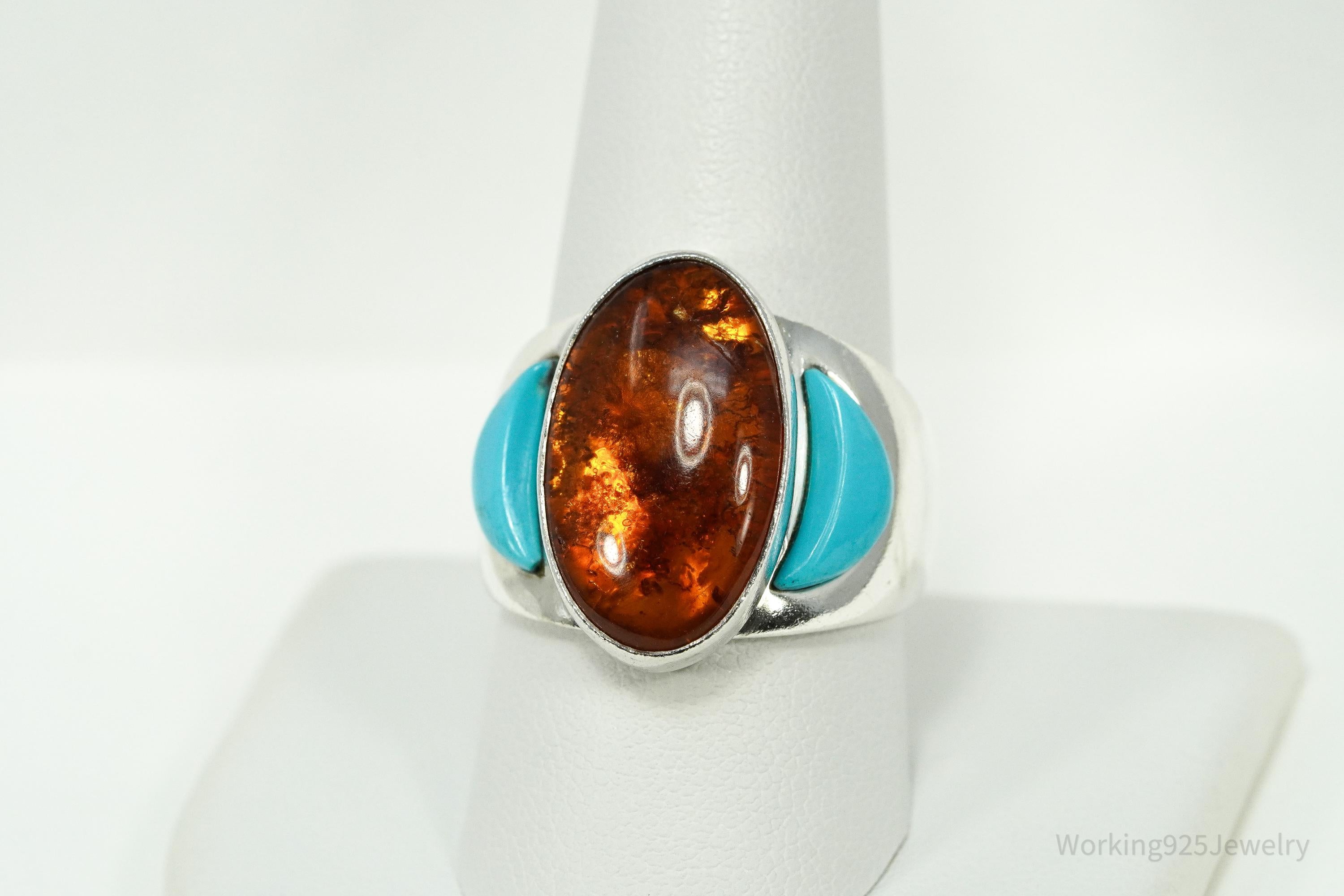 Vintage Desert Rose Trading Co Amber & Turquoise Sterling Silver Ring Size 10