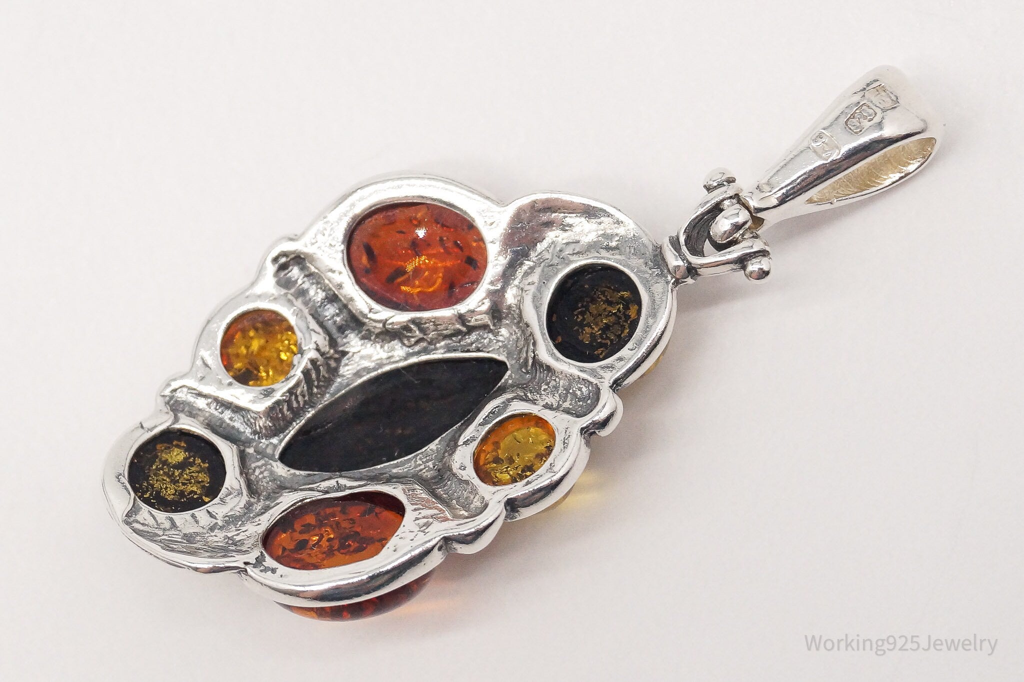 Large Vintage Multi Type Amber Sterling Silver Necklace Pendant