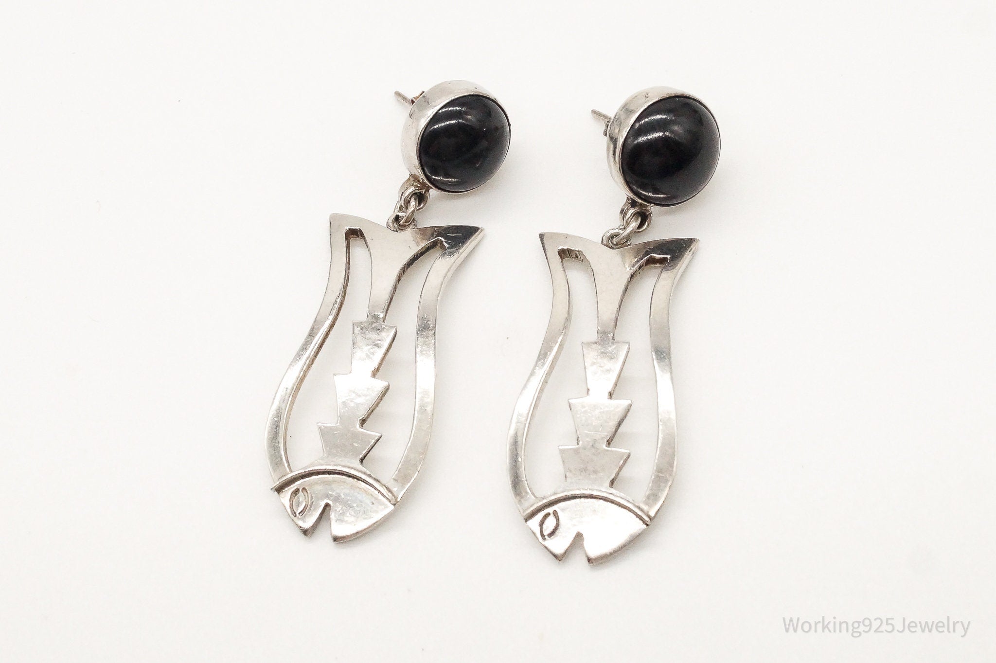 Vintage Mexico Modernist Black Onyx Fish Sterling Silver Earrings