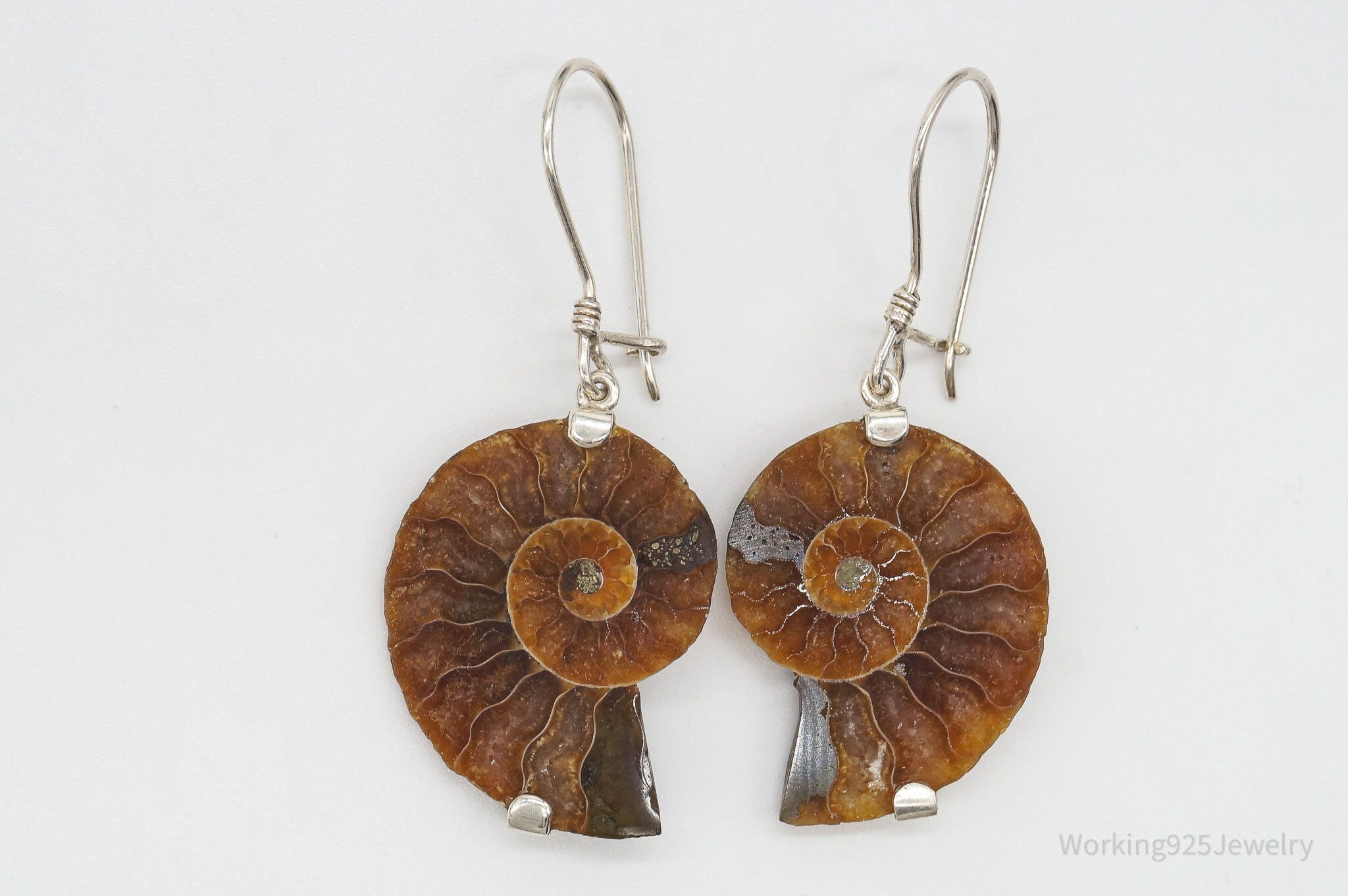 Vintage Large Ammonite Fossil Shell Silver Earrings