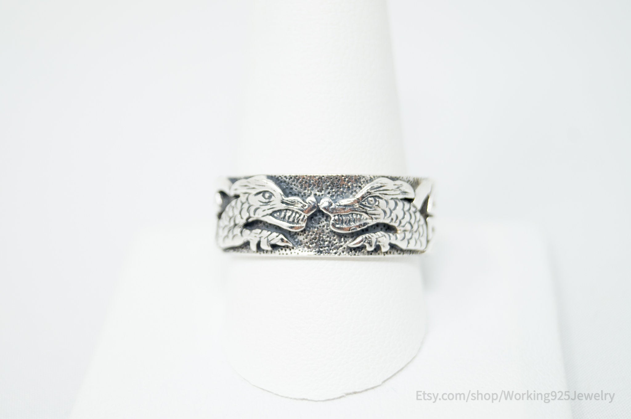 Vintage Etched Double Dragons Sterling Silver Band Ring Sz 11