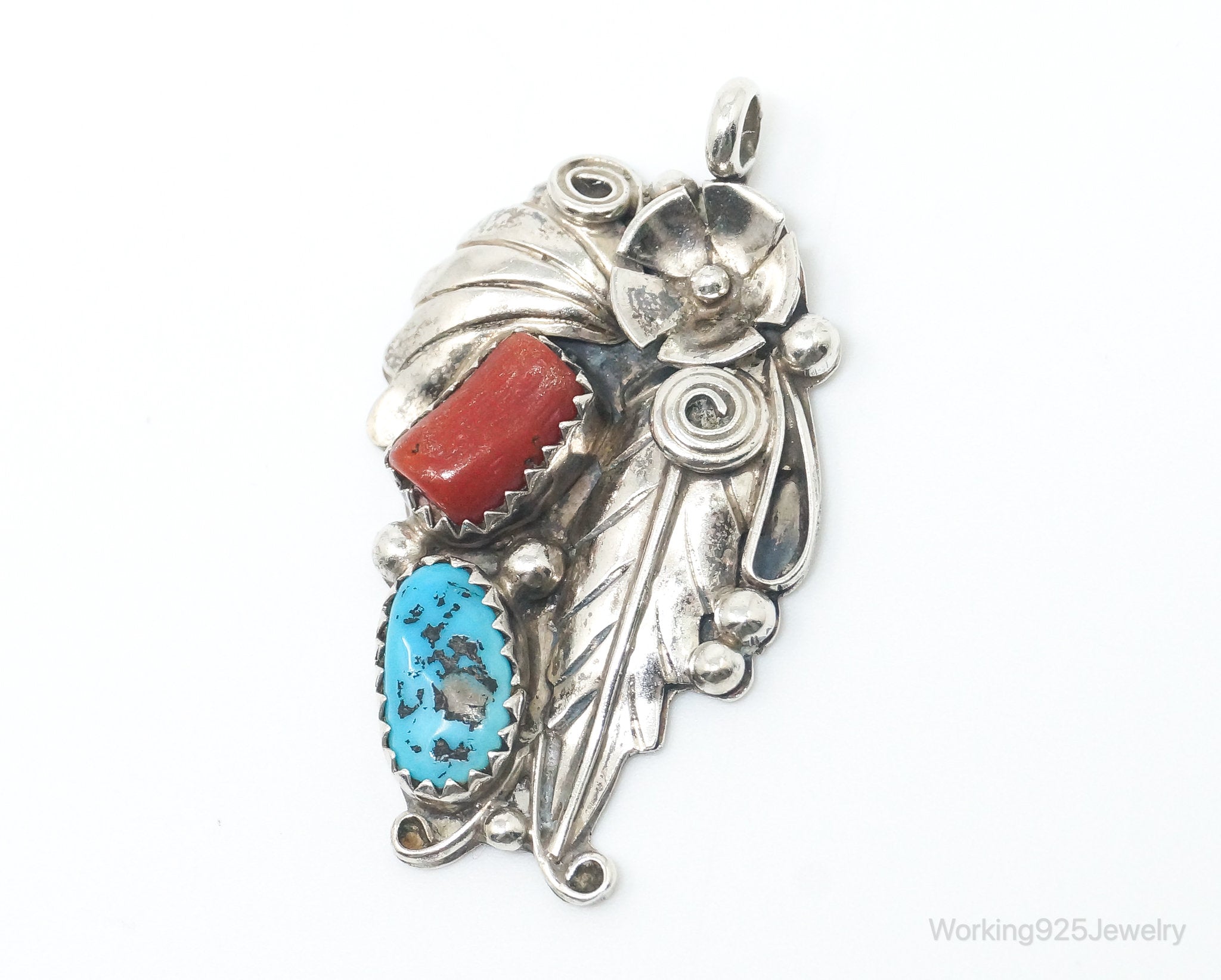 Vintage Native American Unsigned Turquoise Coral Sterling Silver Pendant