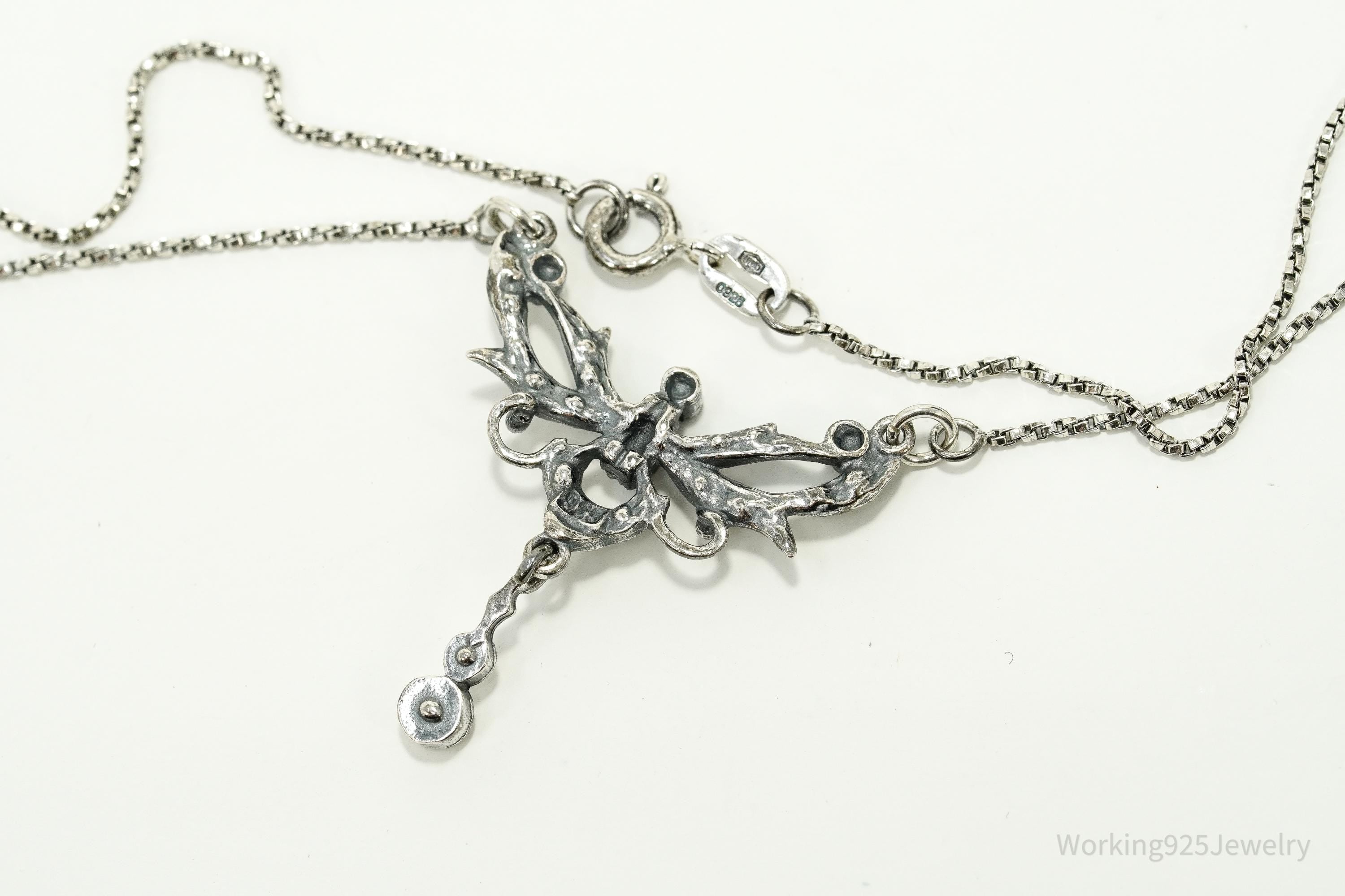 Vintage Art Nouveau Style Crystal Sterling Silver Necklace 15"