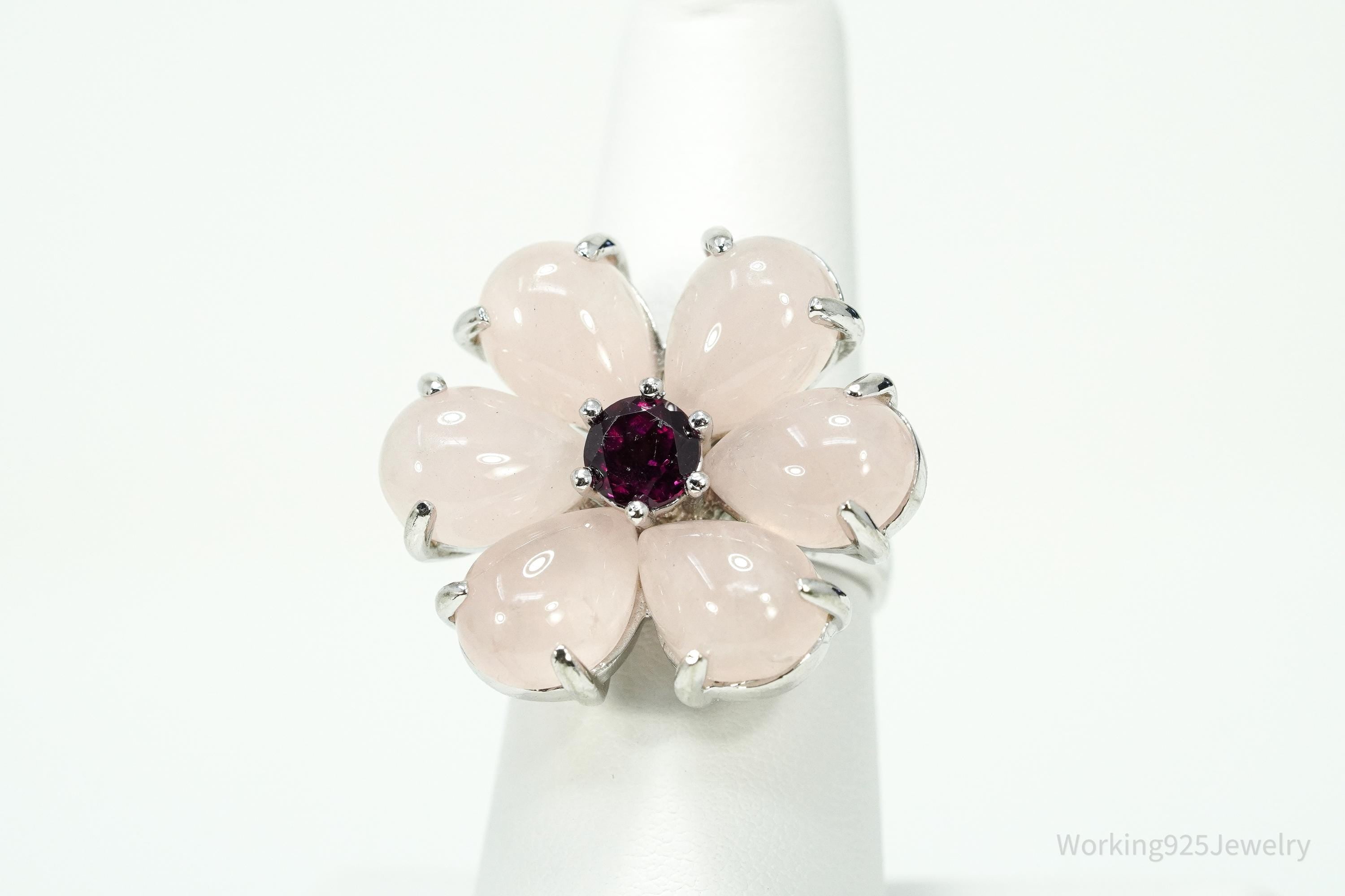 Rose Quartz & Rhodolite Garnet Sterling Silver Flower Ring - Size 7