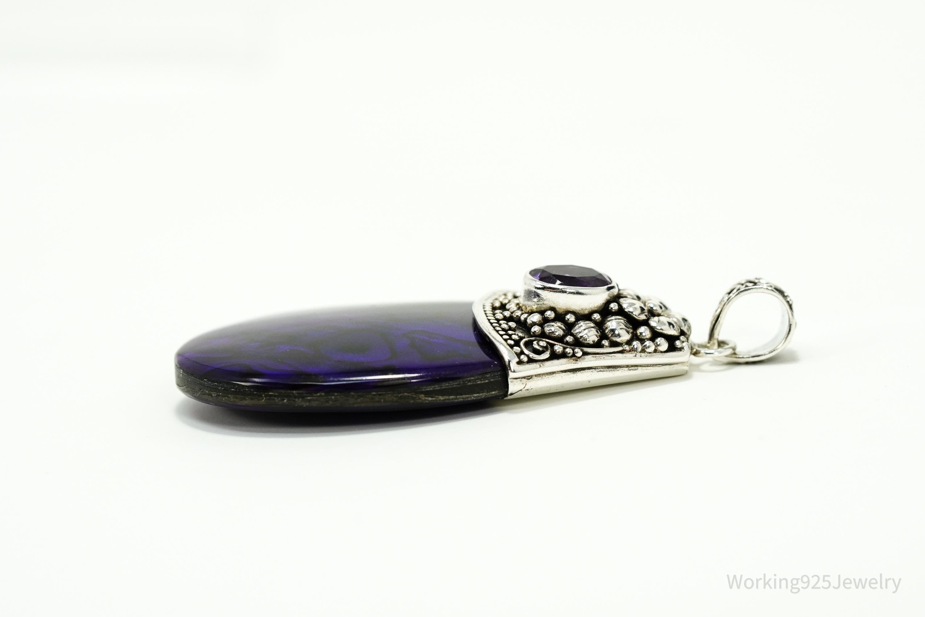 Vintage Large Purple Paua Abalone Shell & Amethyst Sterling Silver Pendant