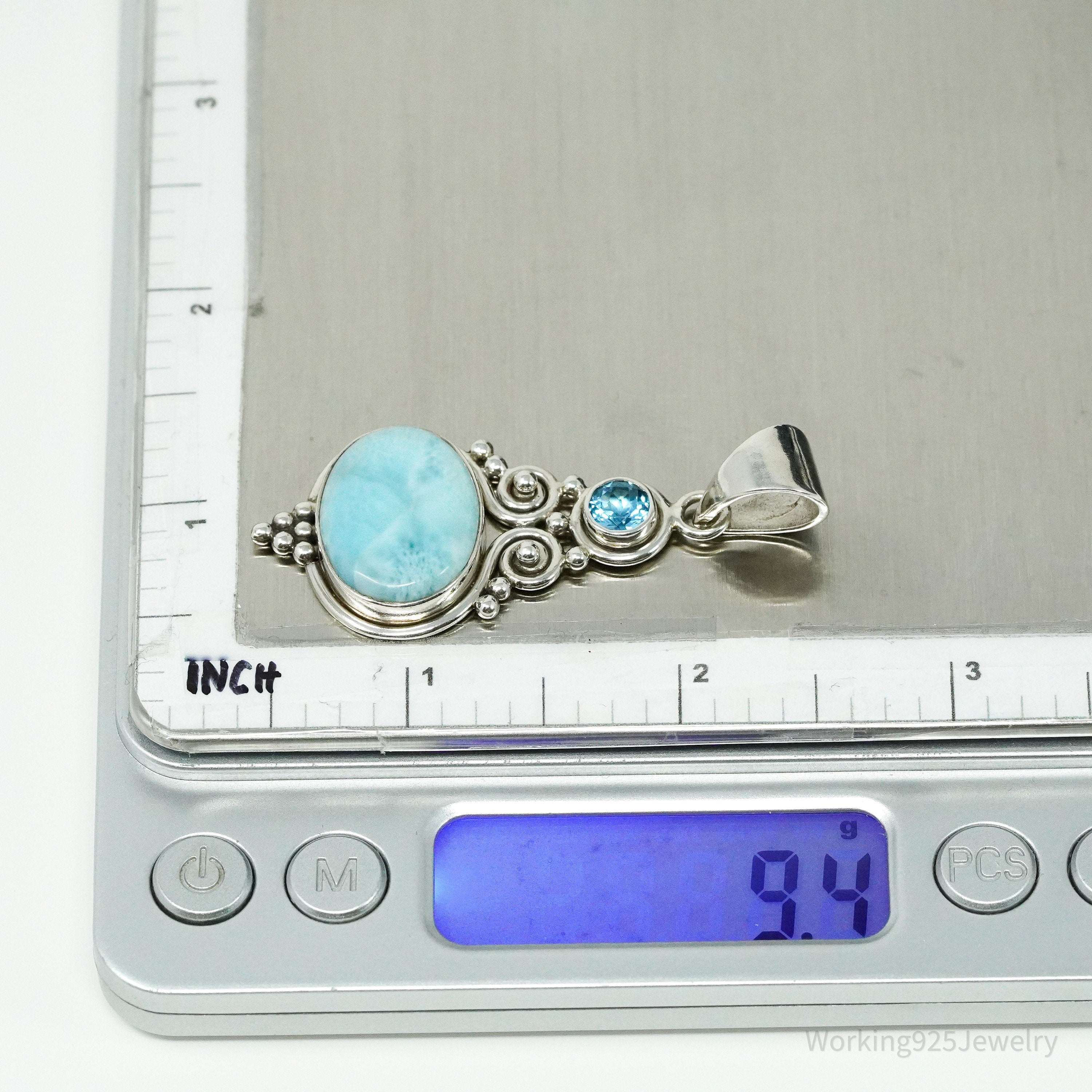 Vintage Designer SJ Blue Larimar & Blue Topaz Sterling Silver Pendant