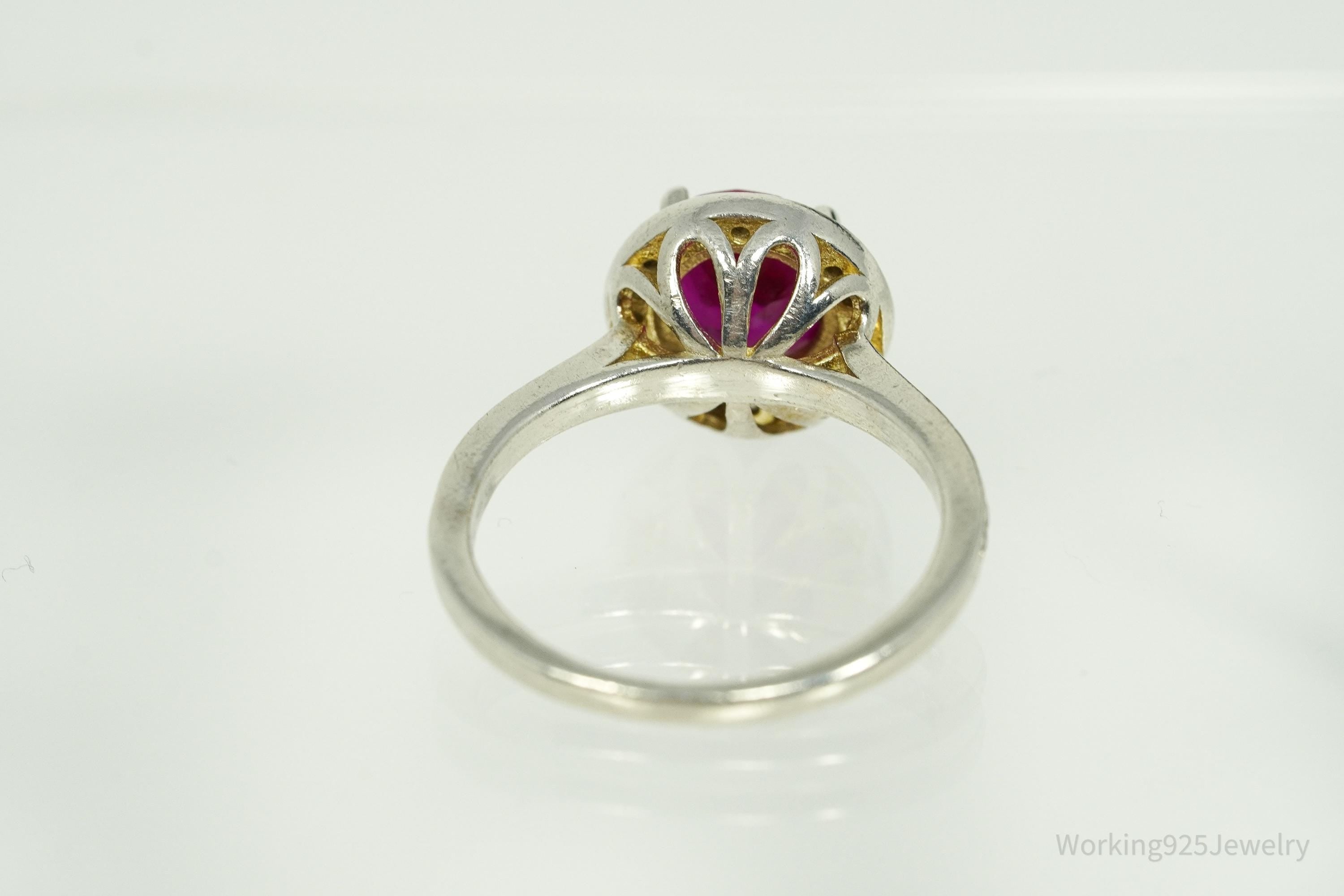 Vintage Ruby & Cubic Zirconia Sterling Silver Ring - Size 7