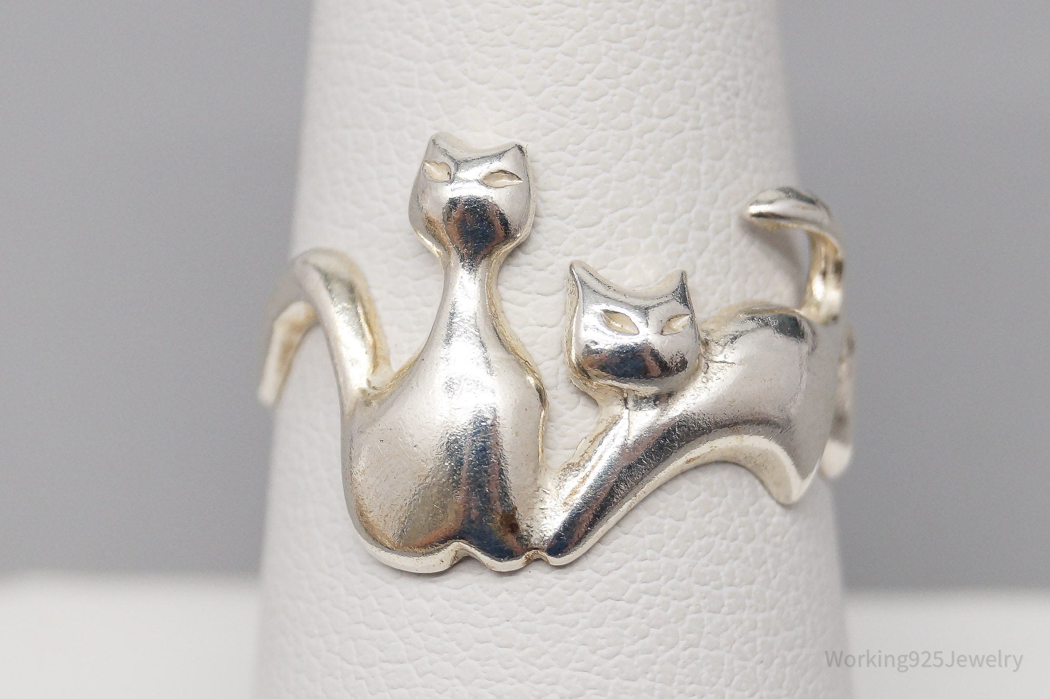 Vintage Cats Kittens Silver Ring - Size 8.25