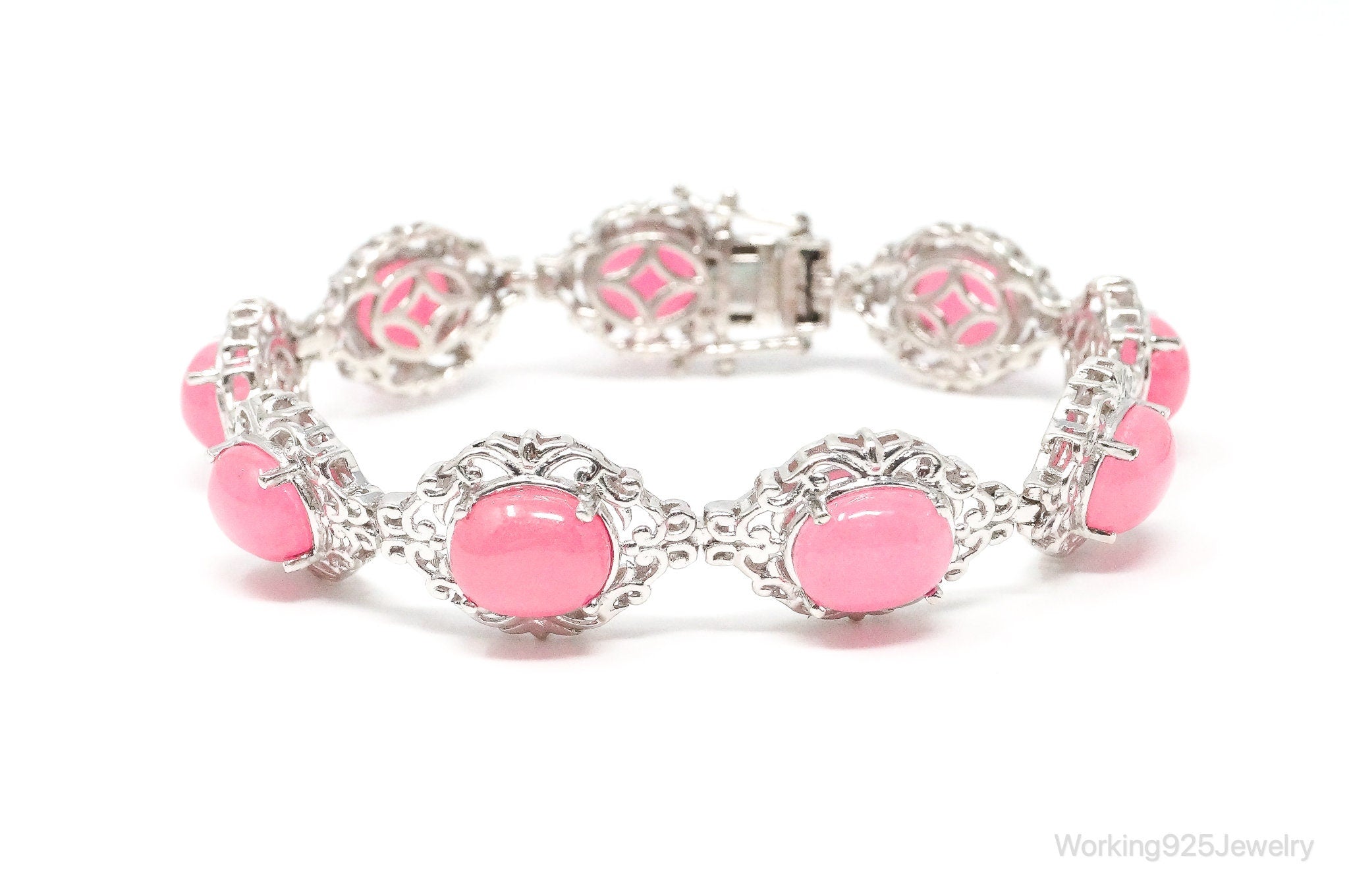 X492 Vintage Pink Jade Sterling Silver Bracelet