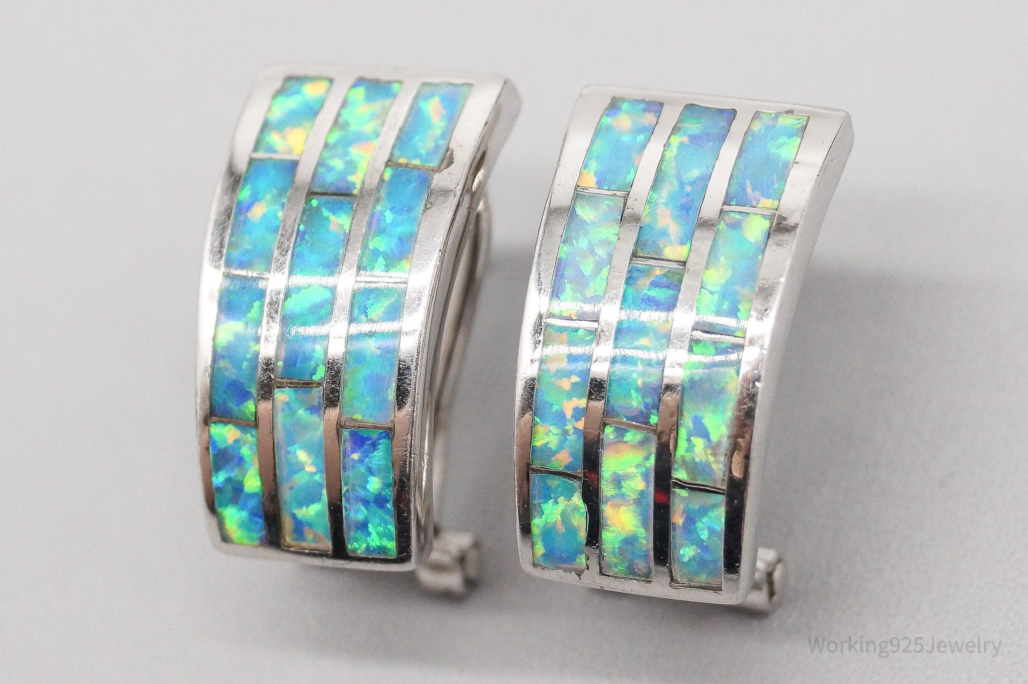 Vintage Opal Inlay Sterling Silver Omega Back Hoop Earrings