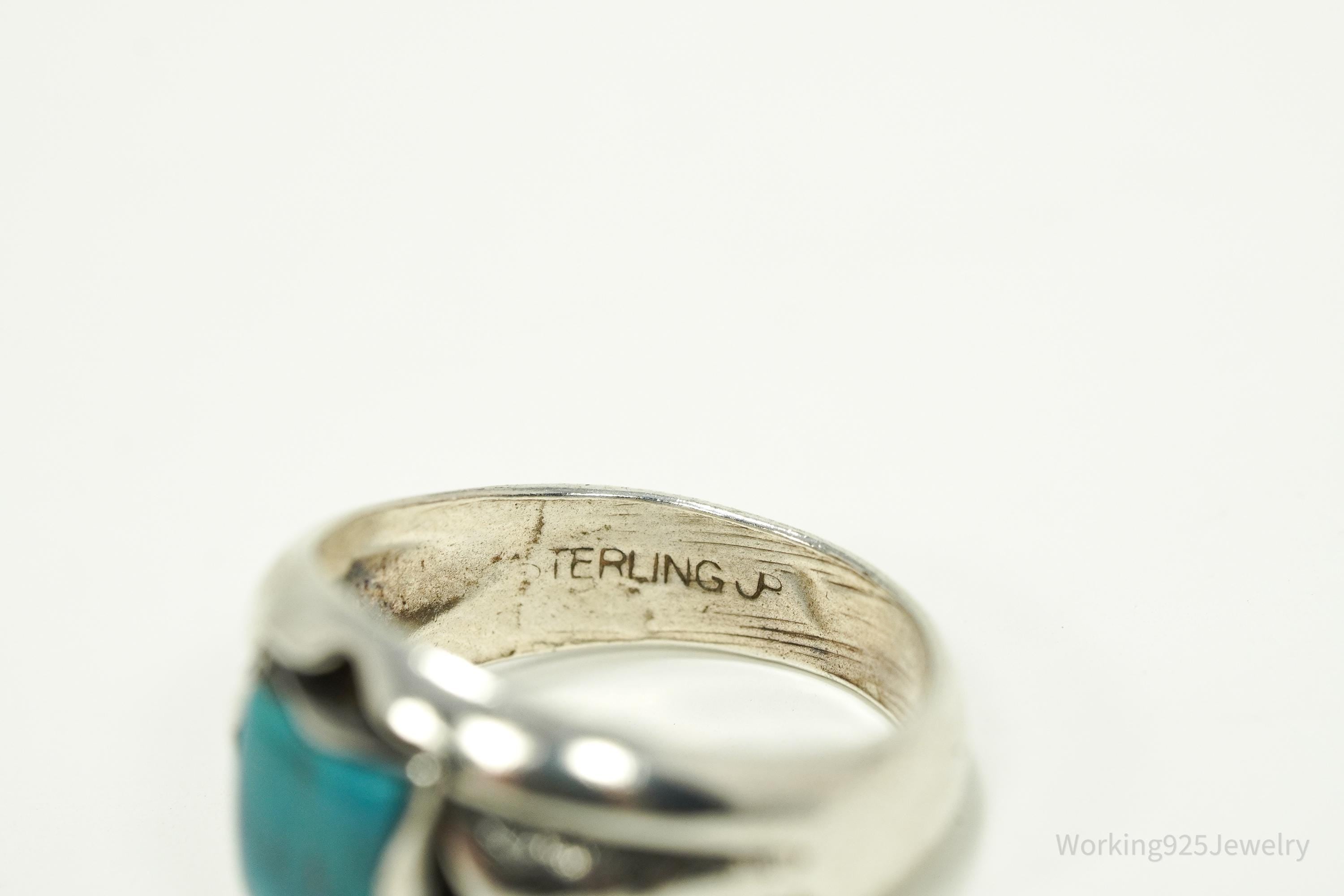 Vintage Native American Signed JP Turquoise Sterling Silver Ring - Size 6.25