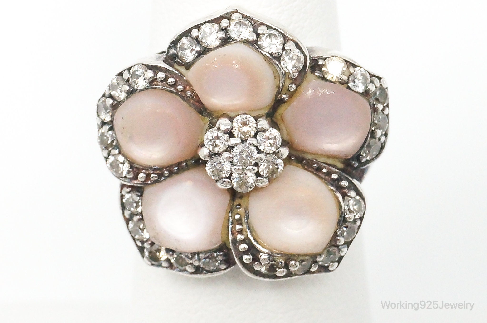 Vintage Mother Of Pearl Cubic Zirconia Sterling Silver Ring Size 5