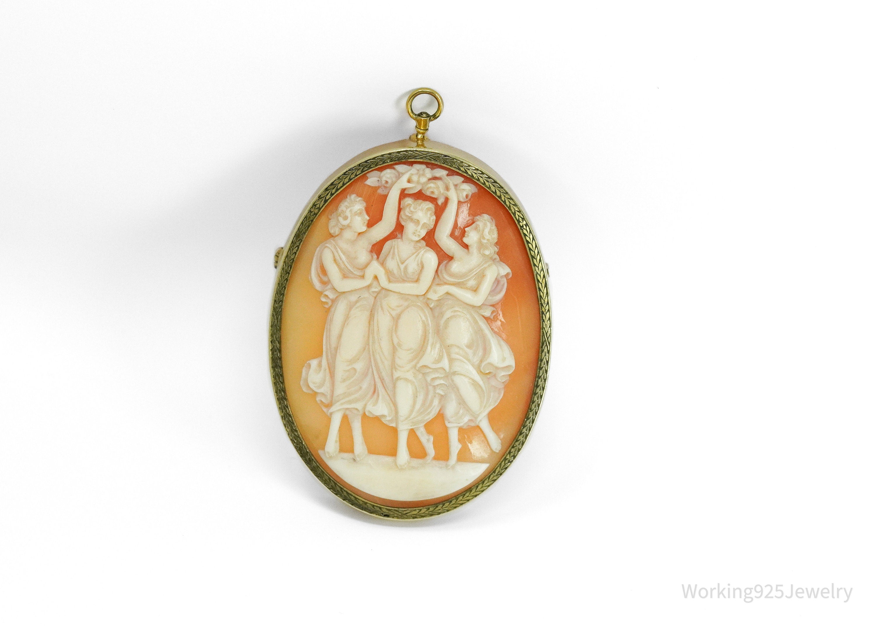 Antique 14K Yellow Gold Shell Cameo Brooch Pin Pendant