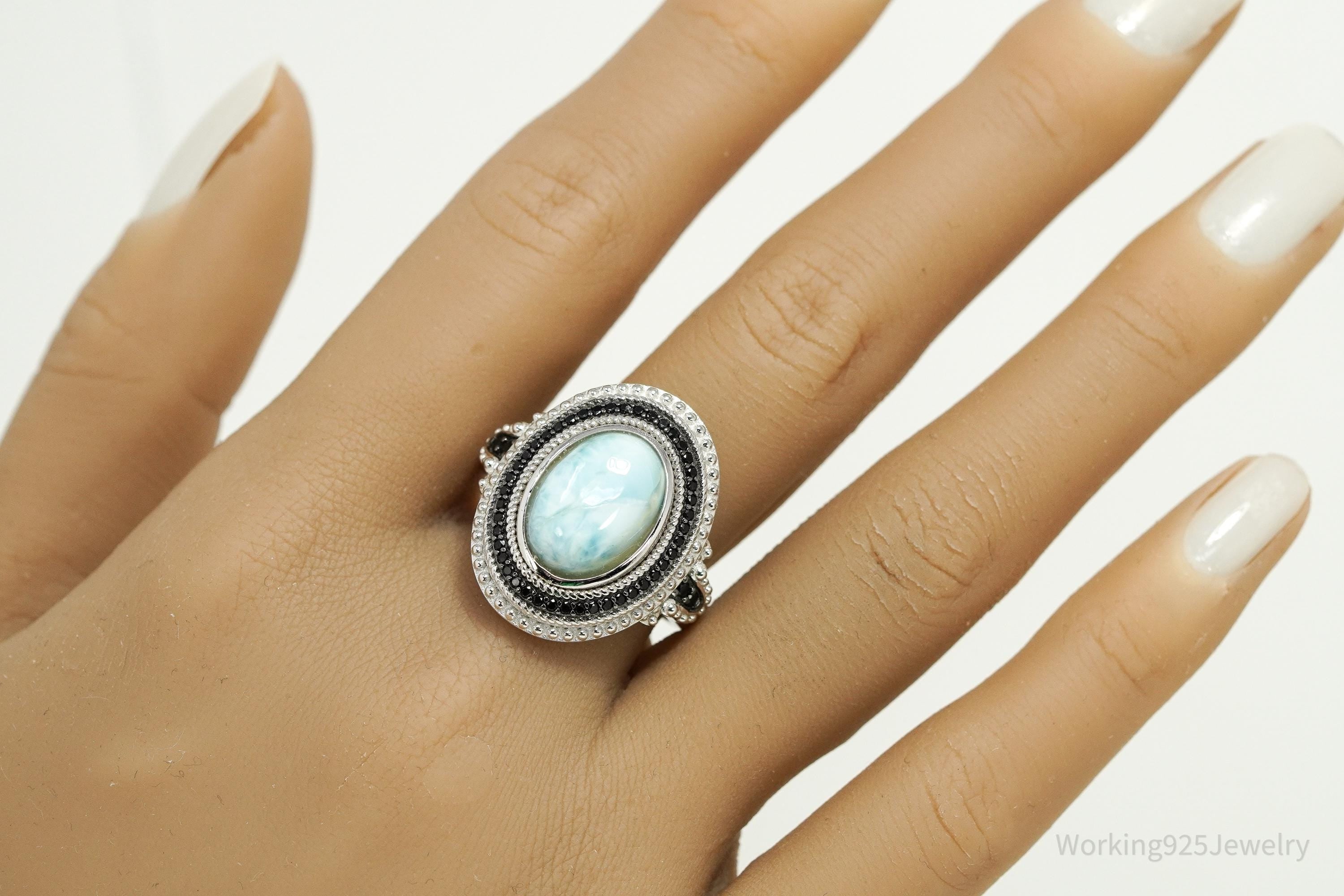 Vintage Blue Larimar & Black Spinel Sterling Silver Ring - Size 11