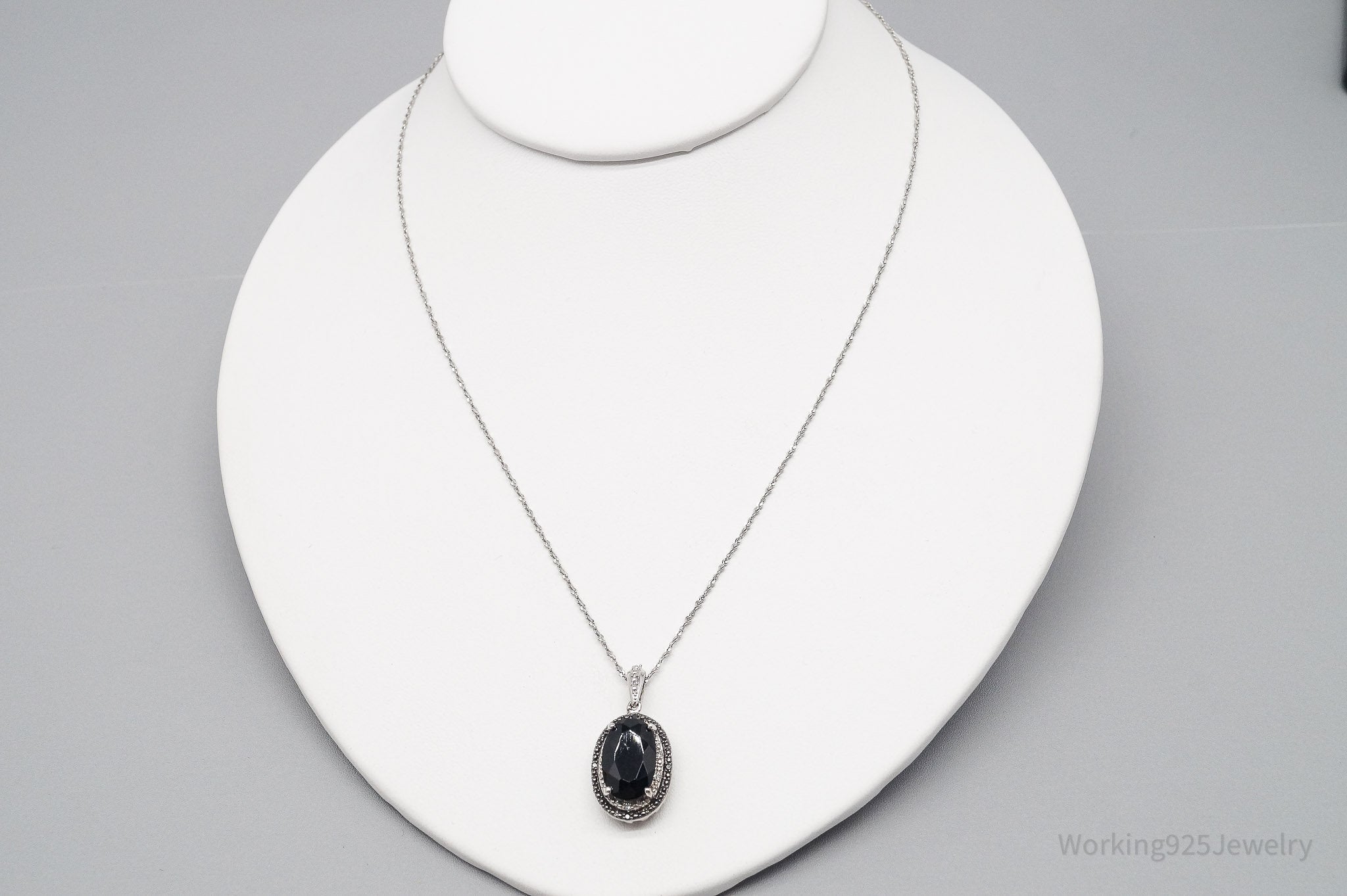 Vintage Black Tourmaline Black & White Diamond Sterling Silver Necklace 18"