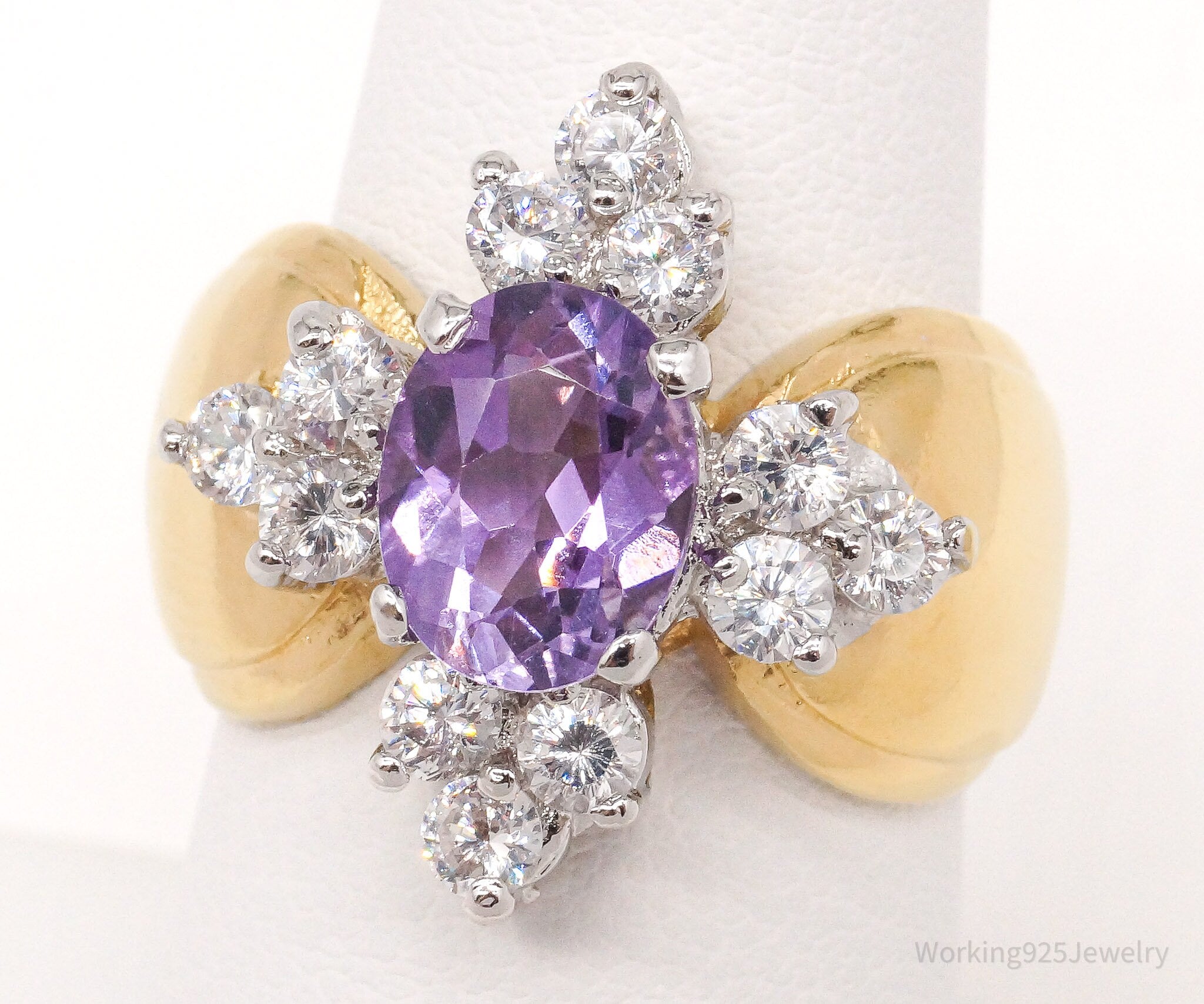 Vintage Amethyst Cubic Zirconia Gold Vermeil Sterling Silver Ring Size 7