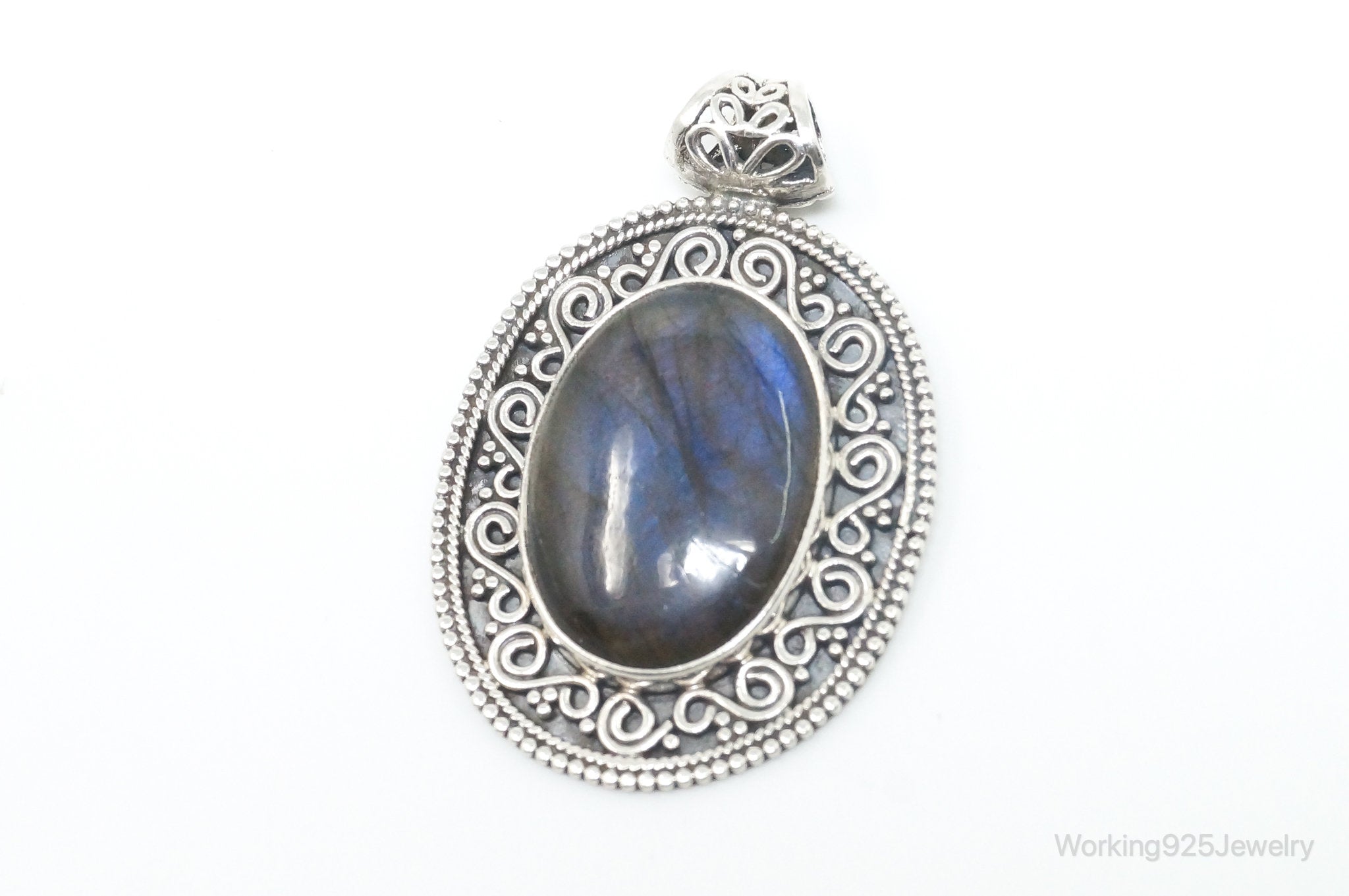 Vintage Large Labradorite Bali Sterling Silver Necklace Pendant