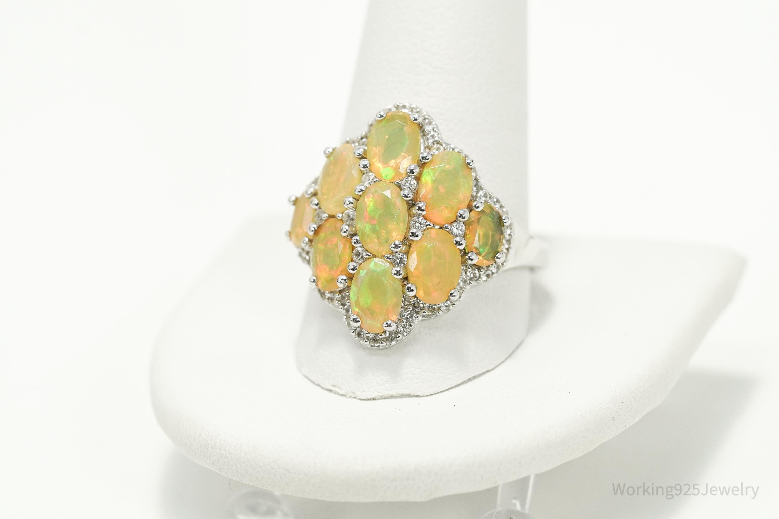Opal & White Zircon Rhodium Sterling Silver Cocktail Ring Size 11.75