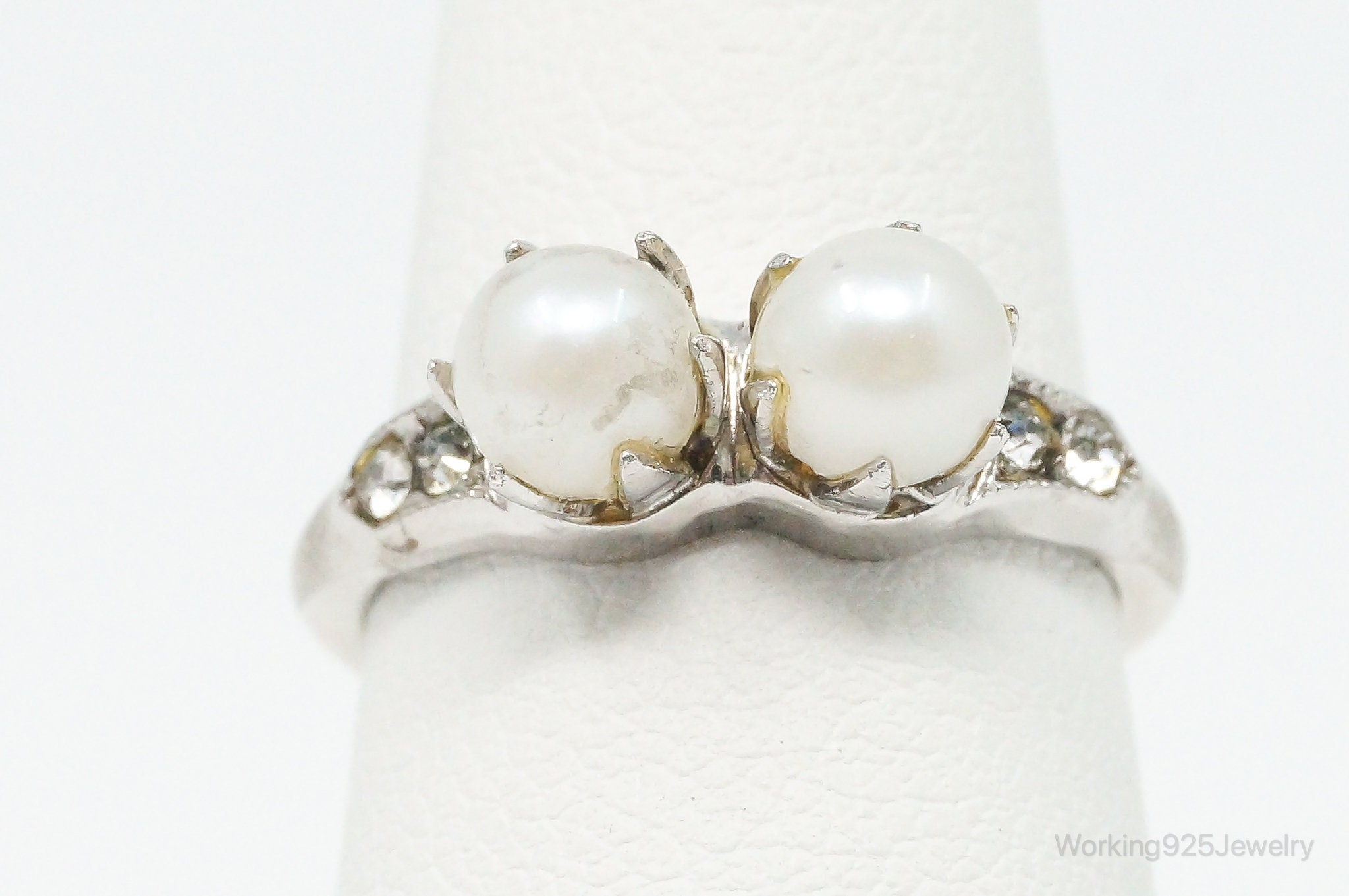 Antique Pearl Rhinestone Sterling Silver Ring - Size 6
