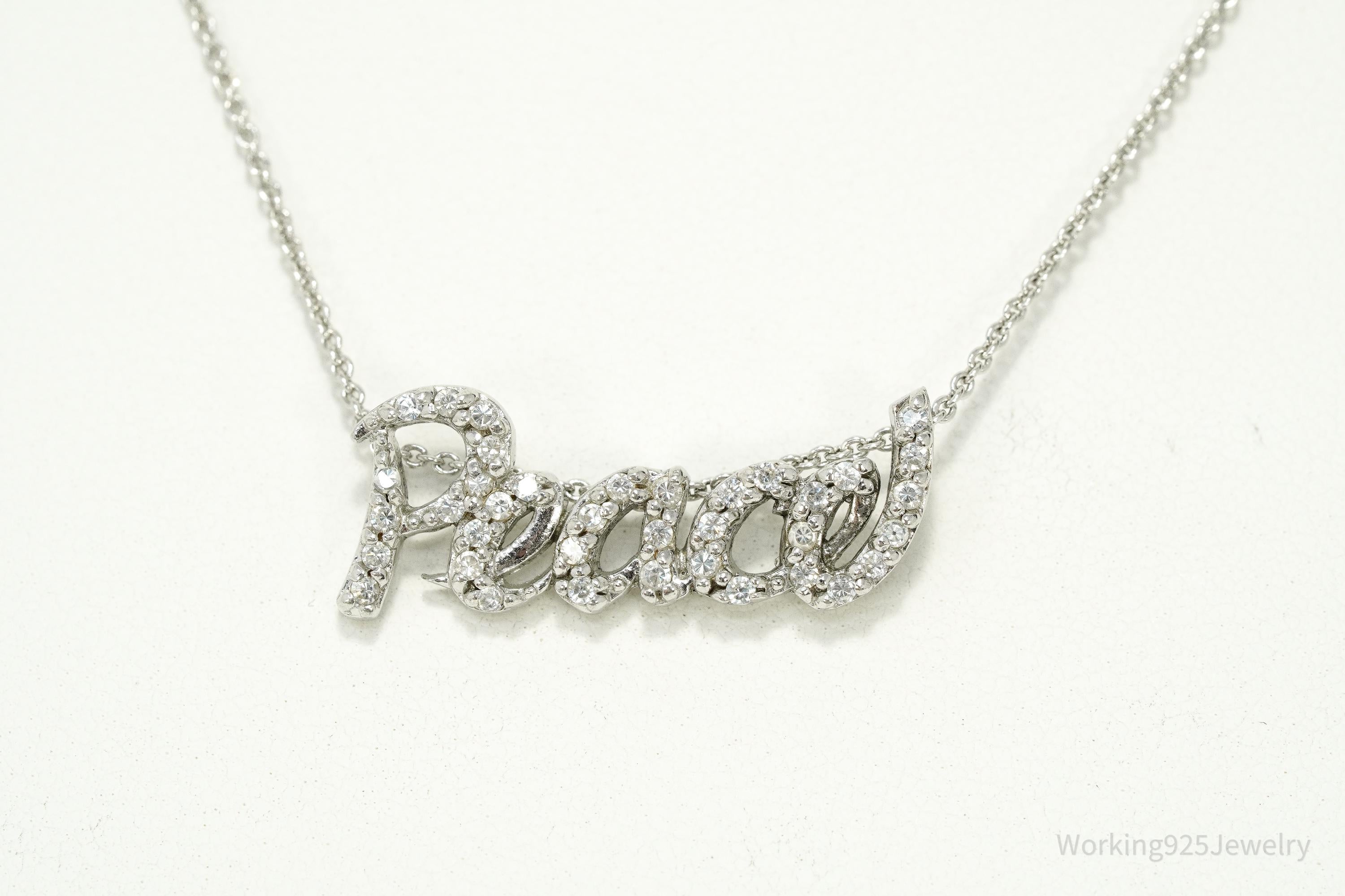 Vintage Cubic Zirconia "Peace" Sterling Silver Necklace 20"