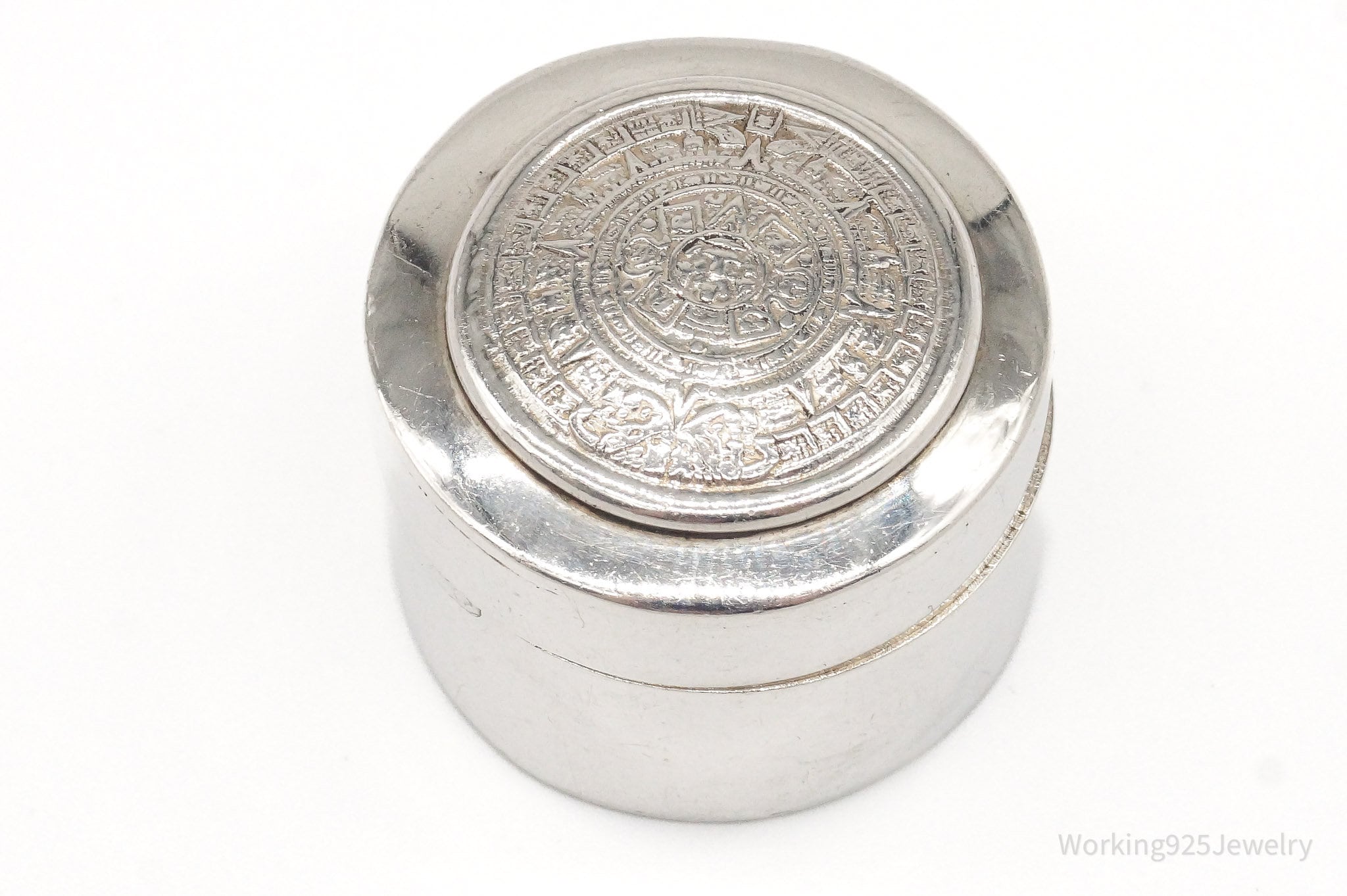 Vintage Mexico Mayan Calendar Sterling Silver Pill Box Trinket Box